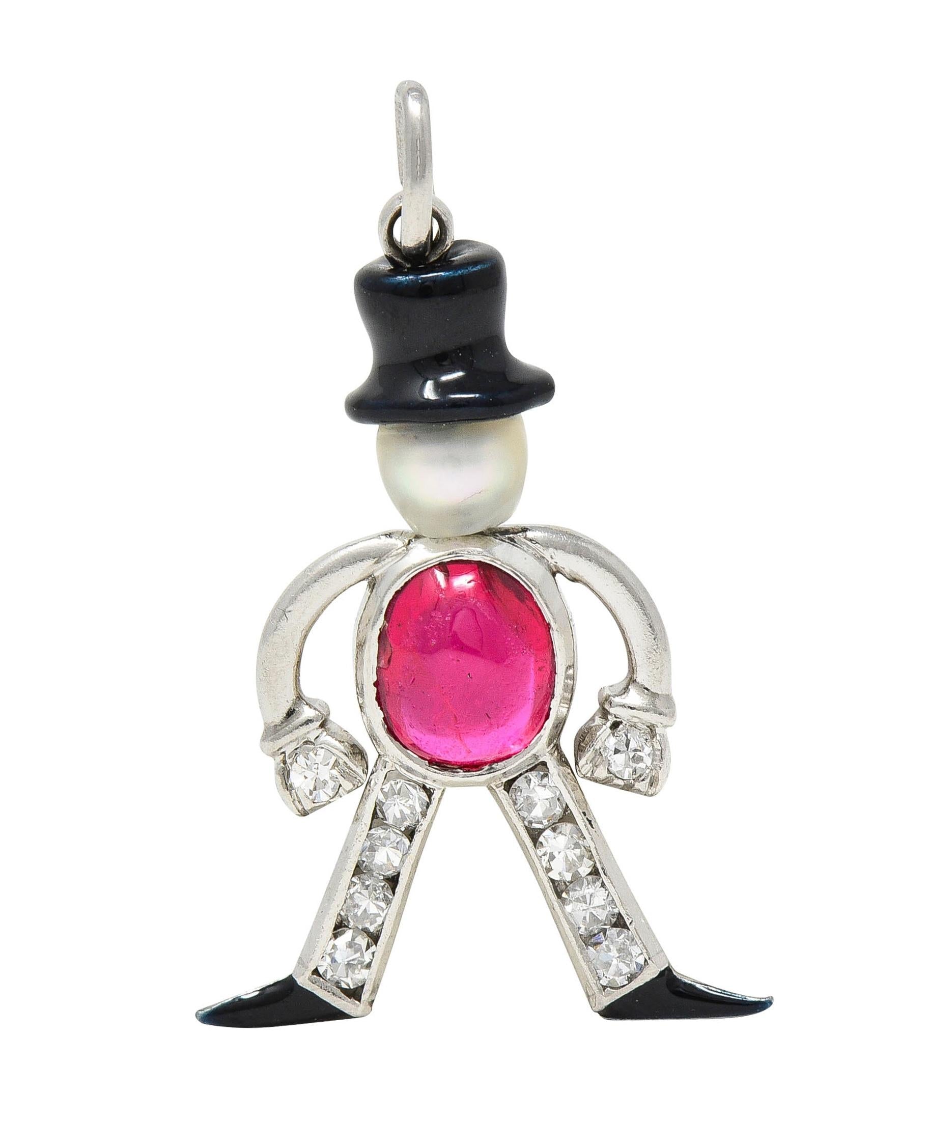 Art Deco Ruby Diamond Pearl Enamel Platinum Vintage Top Hat Man Charm