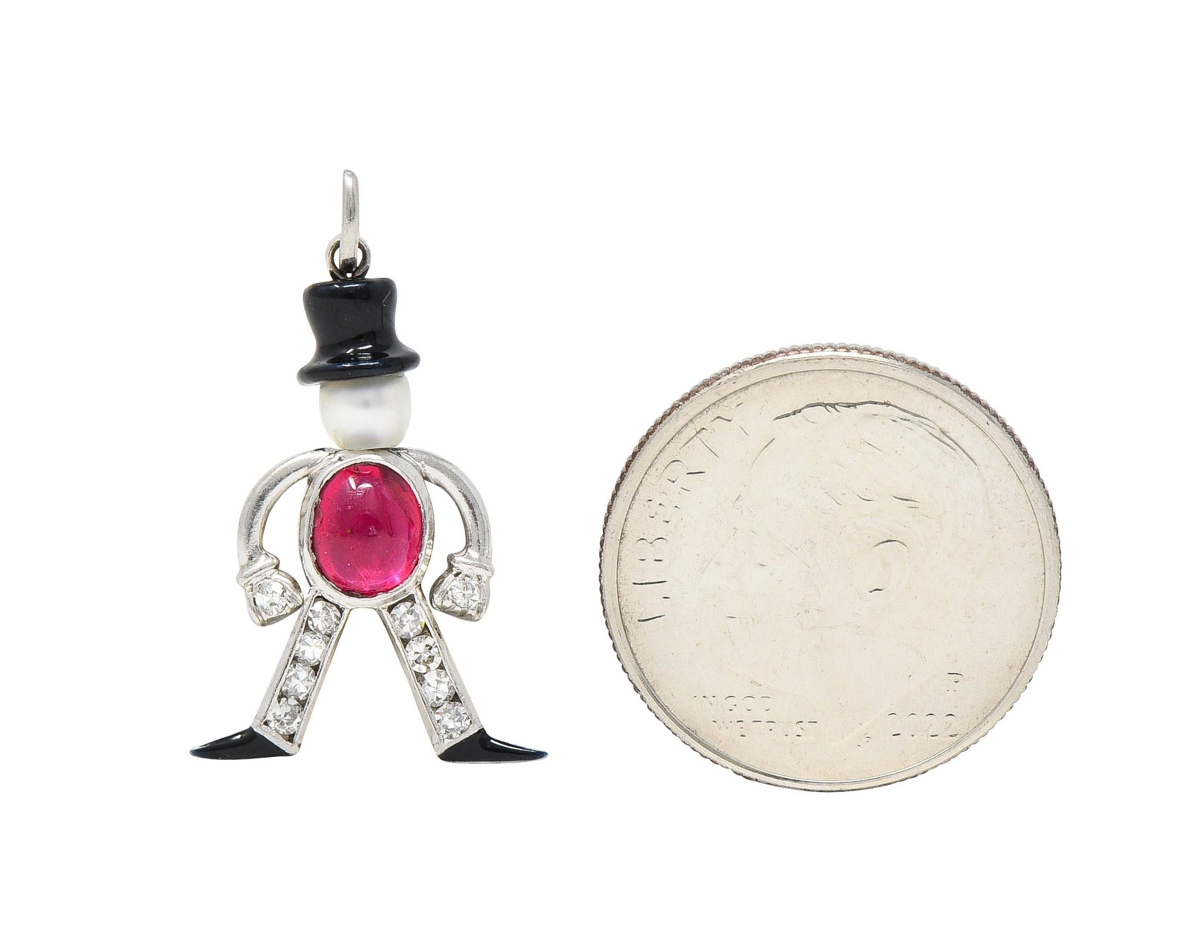 Art Deco Ruby Diamond Pearl Enamel Platinum Vintage Top Hat Man Charm