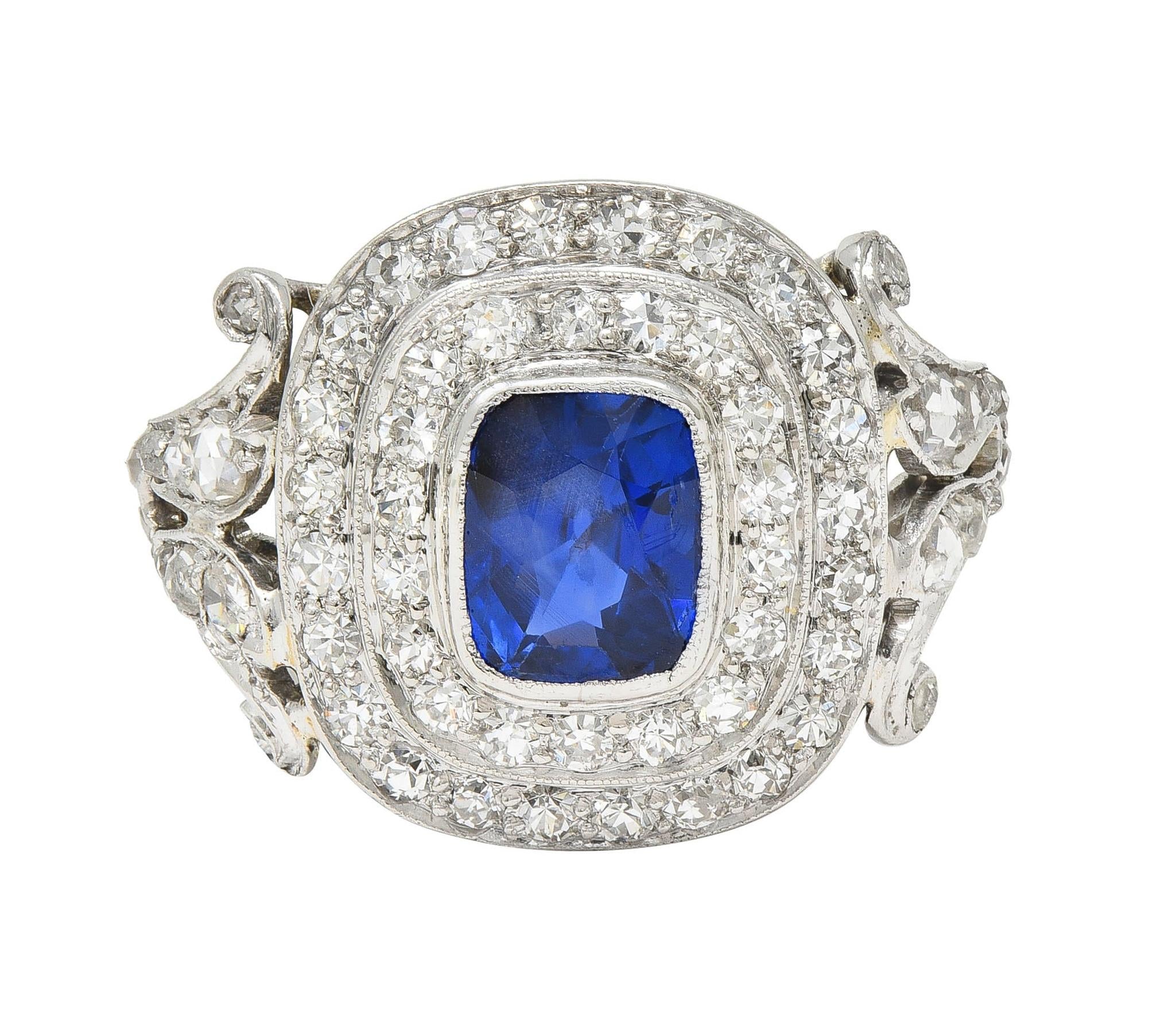 Art Deco 2.45 CTW No Heat Burma Sapphire Diamond Platinum Vintage Halo Ring GIA