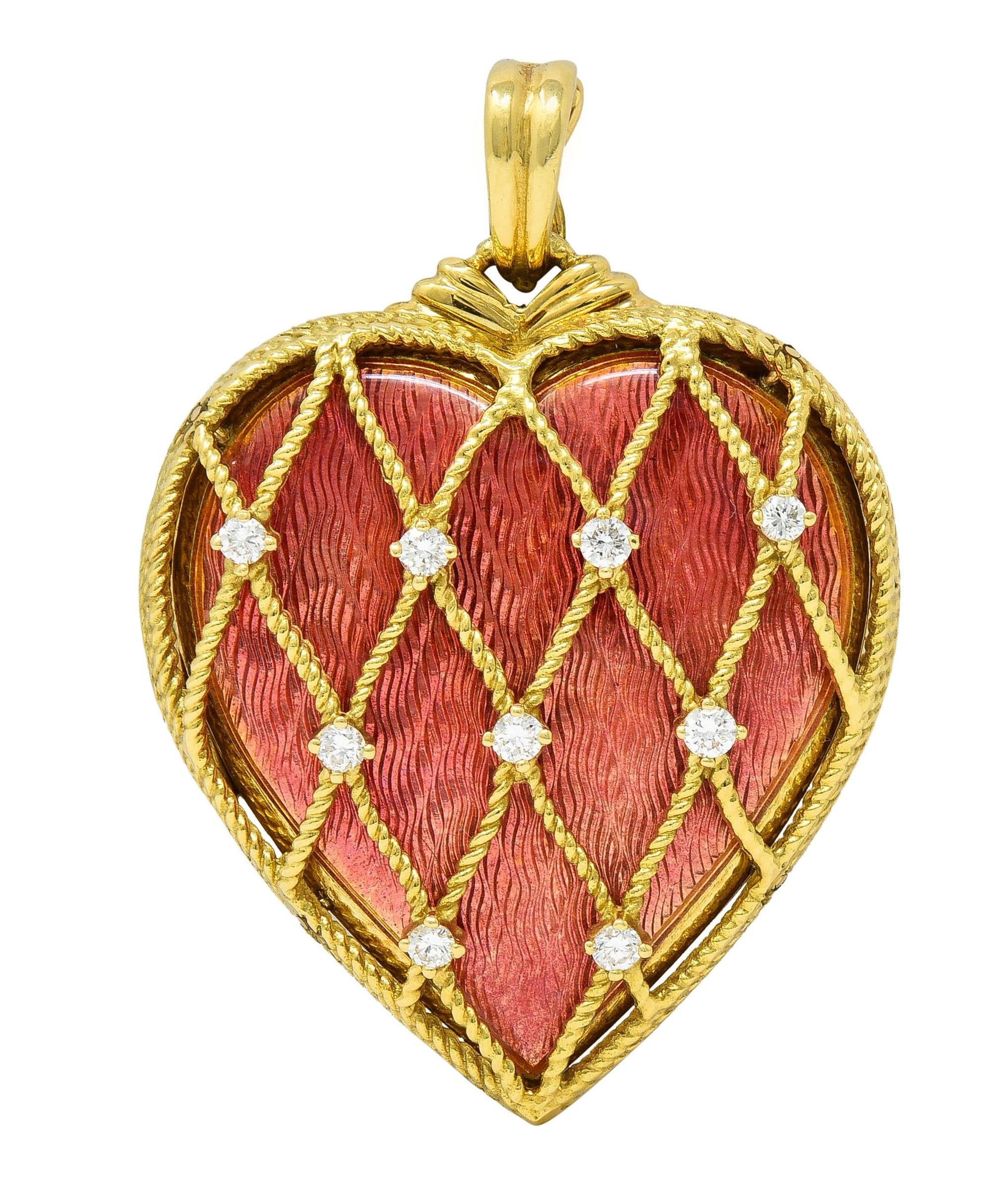 Victor Mayer Diamond Enamel 18 Karat Yellow Gold Vintage Heart Locket Pendant