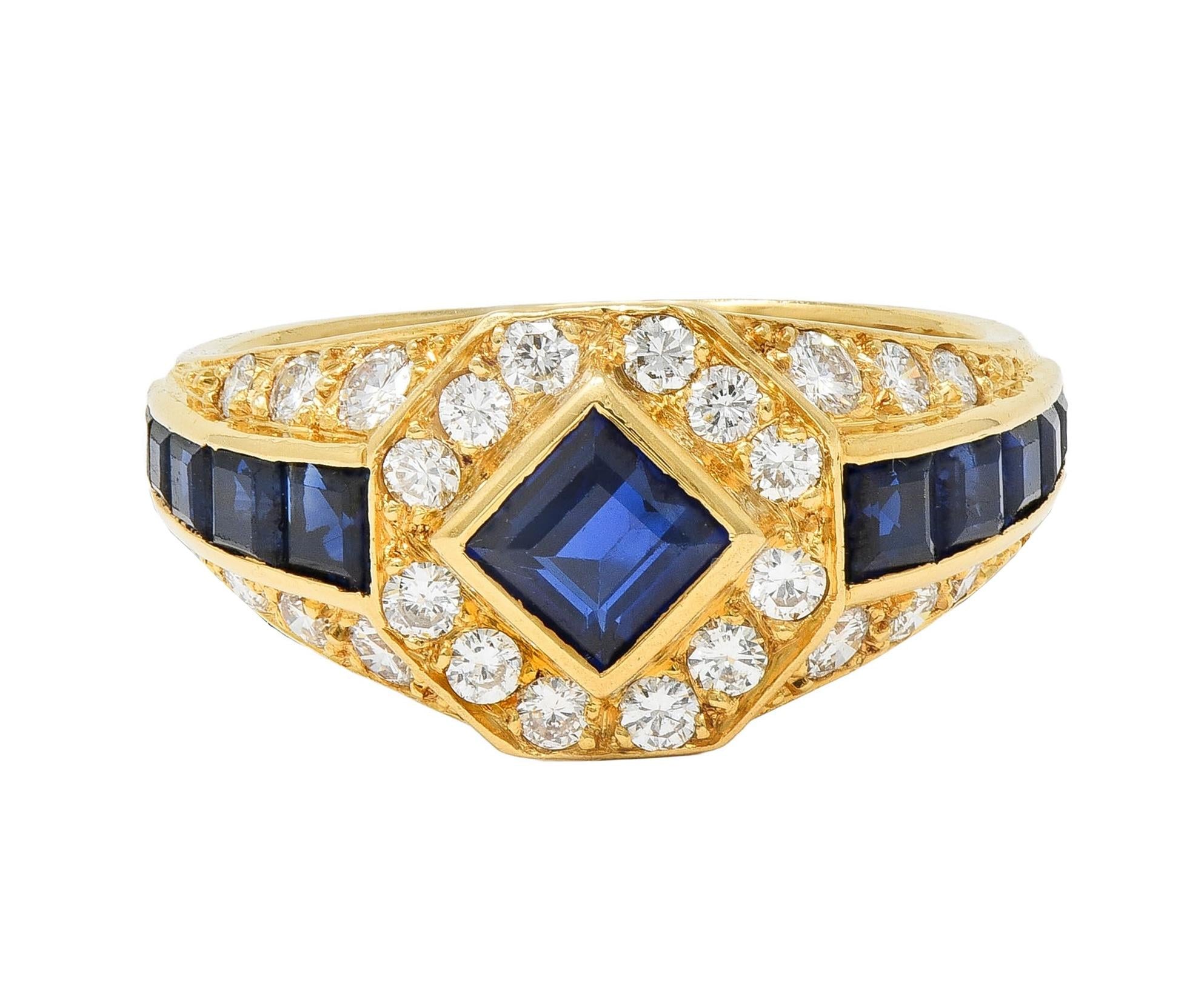 1957 French 2.52 CTW Sapphire Diamond 18 Karat Yellow Gold Vintage Halo Ring