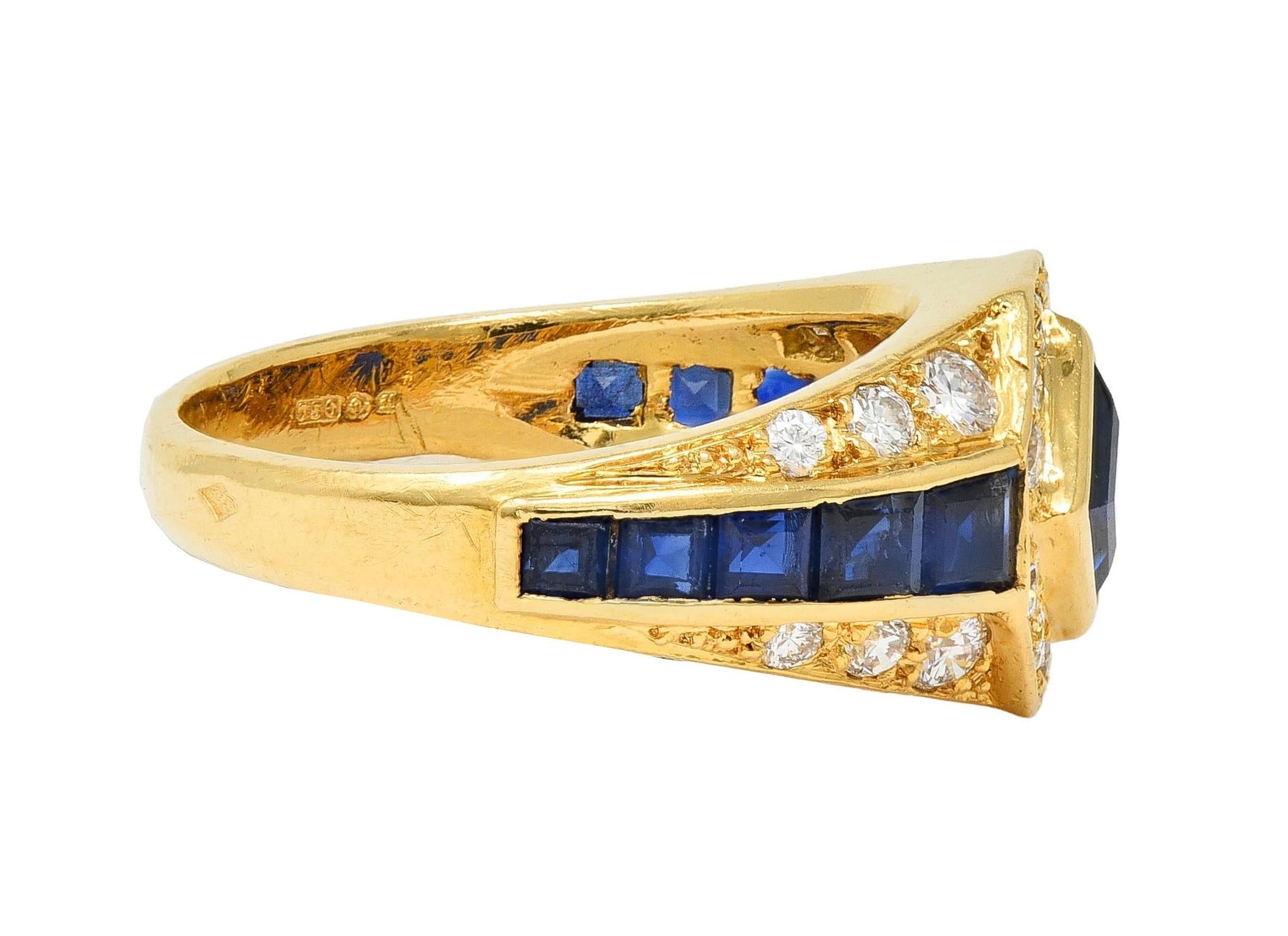 1957 French 2.52 CTW Sapphire Diamond 18 Karat Yellow Gold Vintage Halo Ring