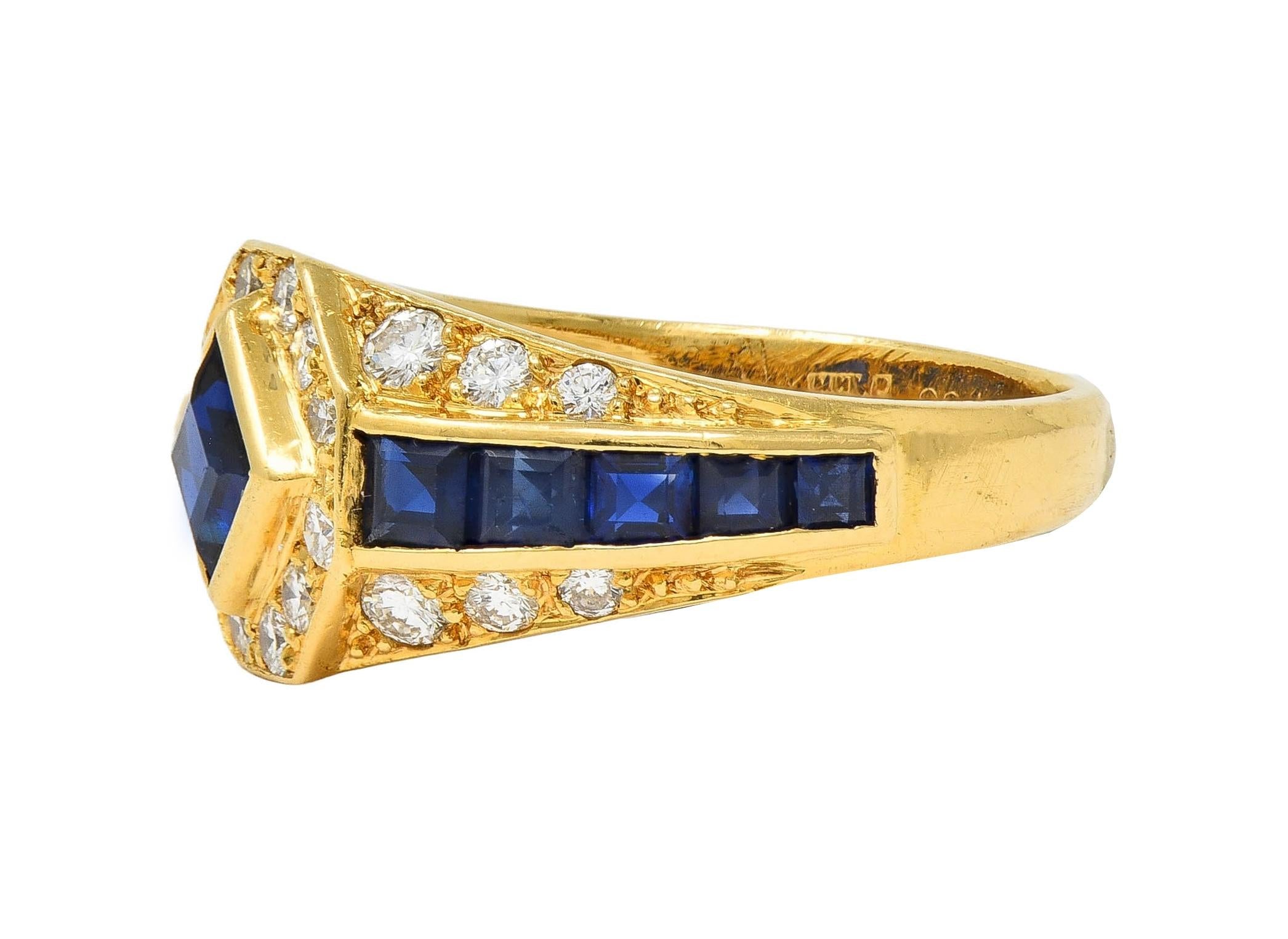 1957 French 2.52 CTW Sapphire Diamond 18 Karat Yellow Gold Vintage Halo Ring