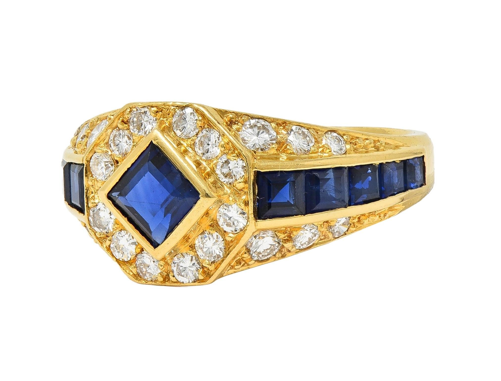 1957 French 2.52 CTW Sapphire Diamond 18 Karat Yellow Gold Vintage Halo Ring