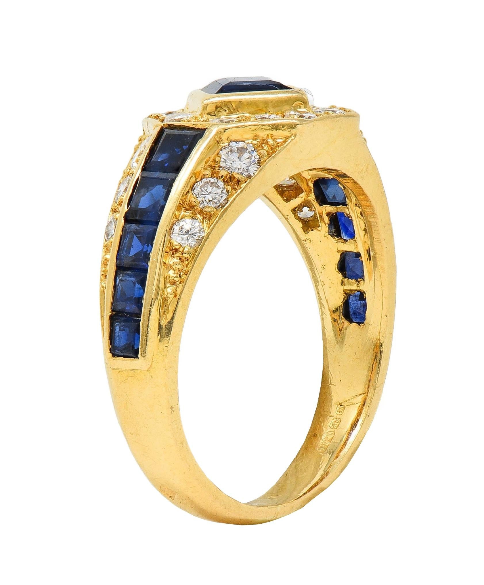 1957 French 2.52 CTW Sapphire Diamond 18 Karat Yellow Gold Vintage Halo Ring