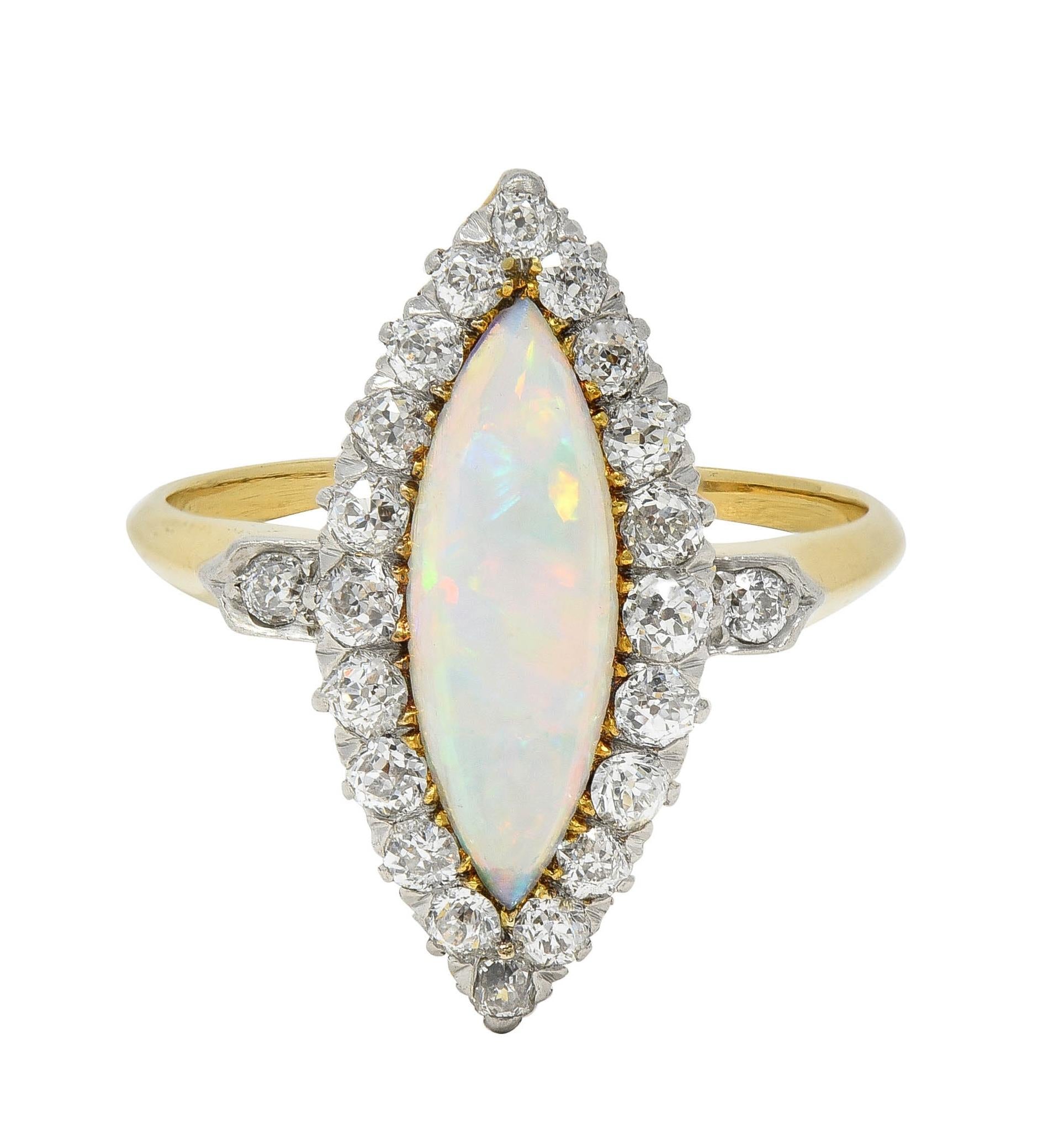 Edwardian Opal Diamond Platinum 18 Karat Yellow Gold Antique Navette Ring