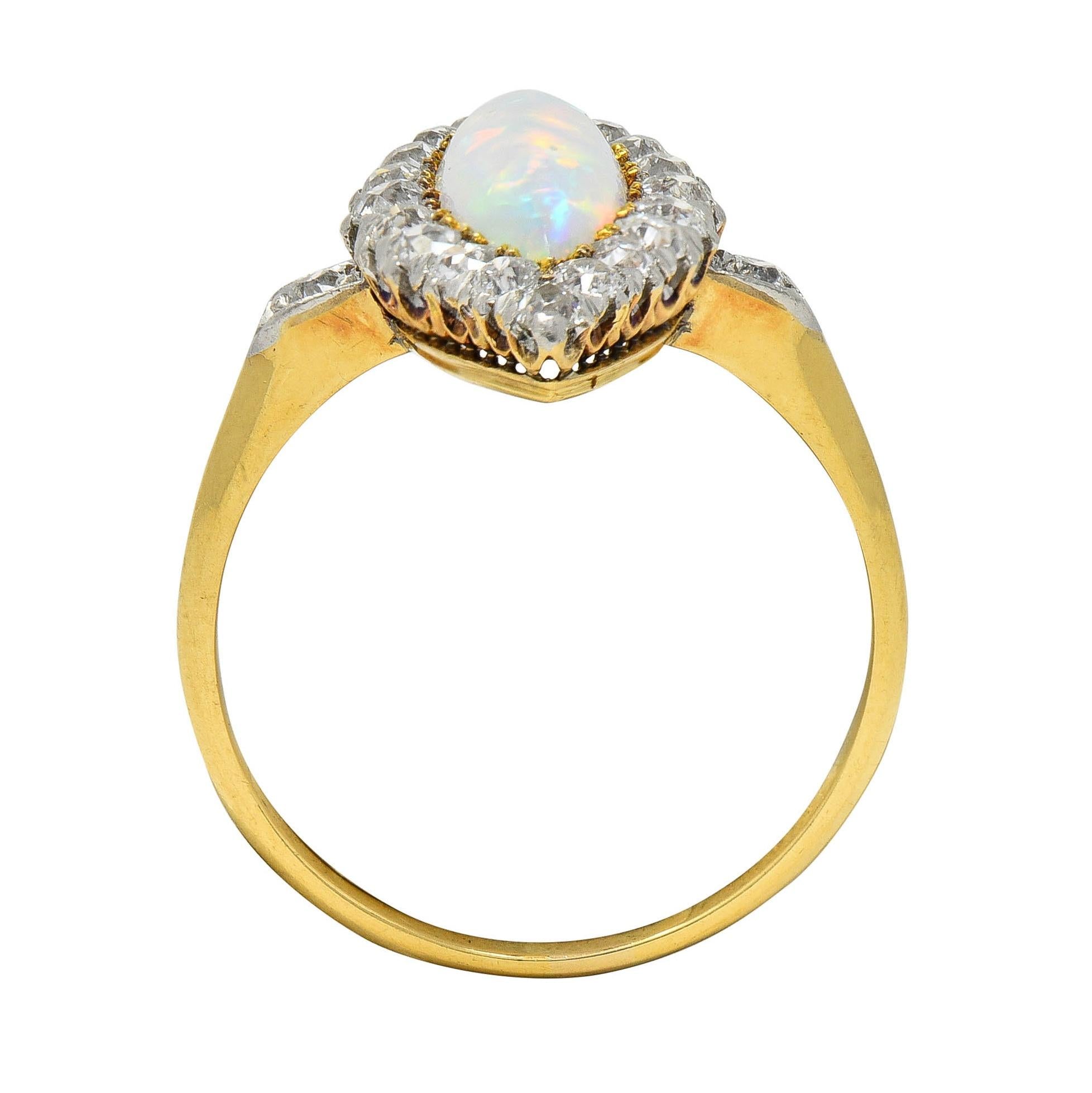 Edwardian Opal Diamond Platinum 18 Karat Yellow Gold Antique Navette Ring