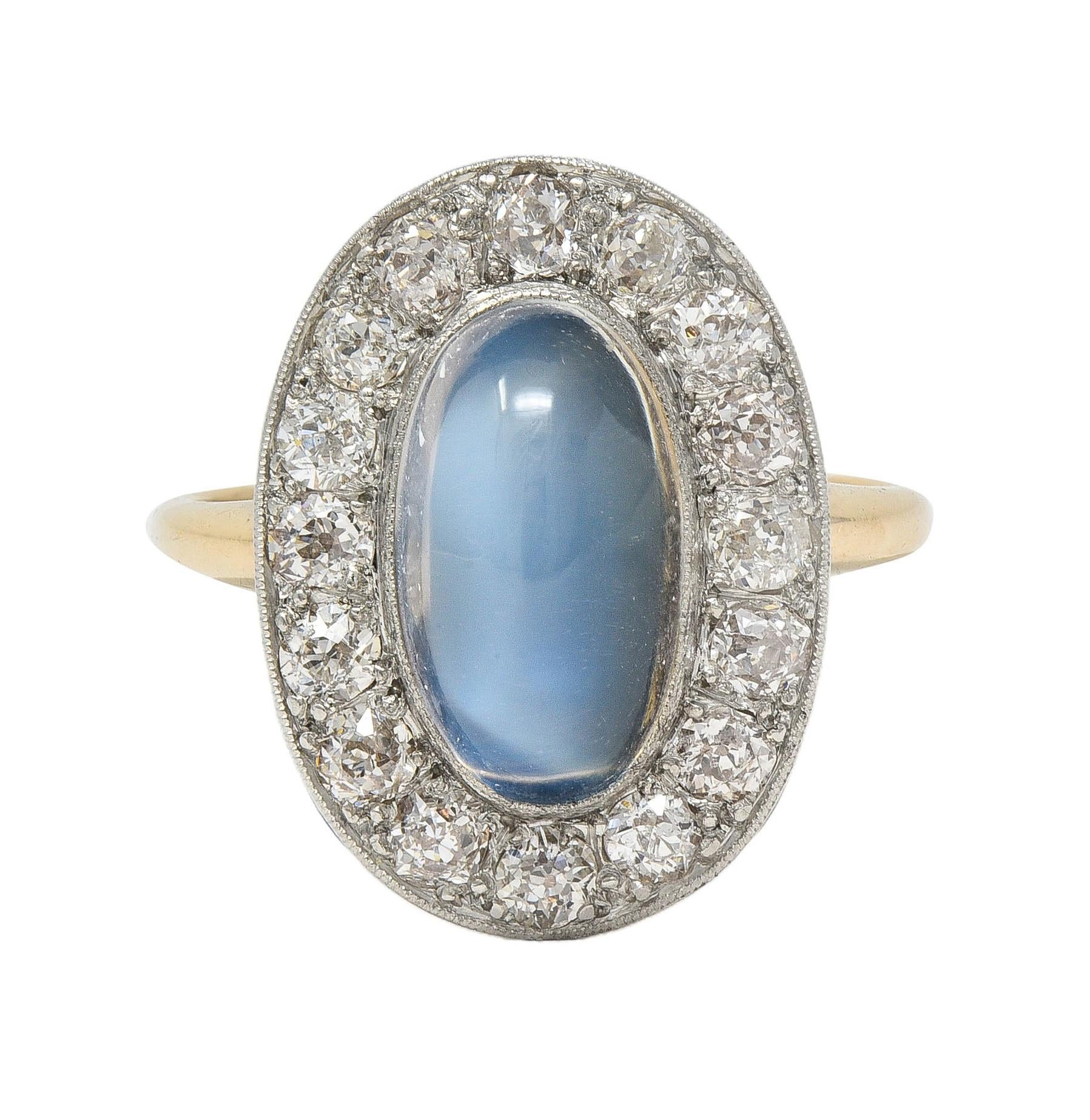 Edwardian 1.12 CTW Moonstone Diamond Platinum 14 Karat Gold Antique Halo Ring