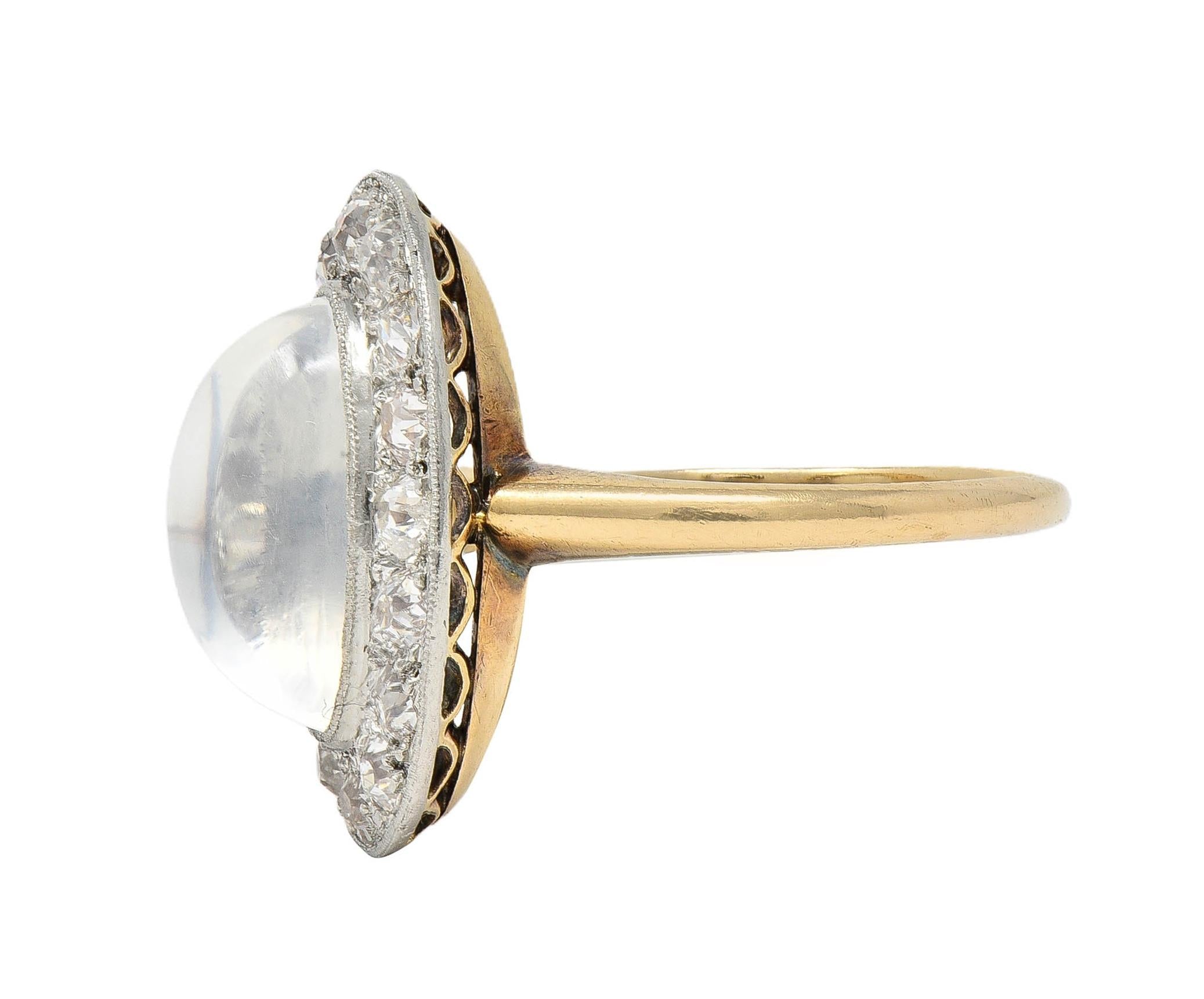 Edwardian 1.12 CTW Moonstone Diamond Platinum 14 Karat Gold Antique Halo Ring