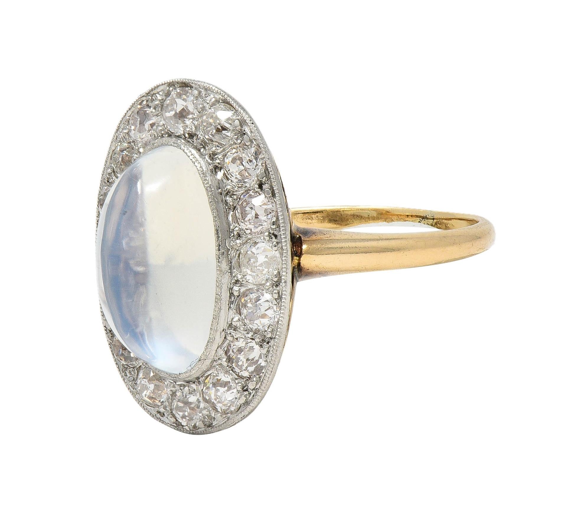 Edwardian 1.12 CTW Moonstone Diamond Platinum 14 Karat Gold Antique Halo Ring