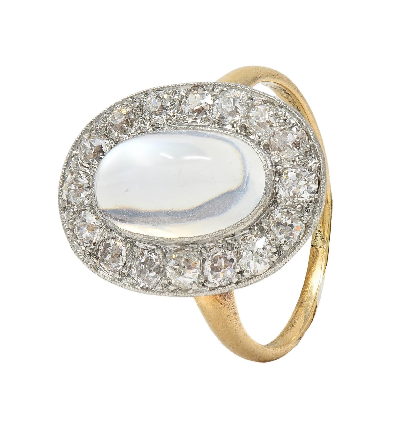 Edwardian 1.12 CTW Moonstone Diamond Platinum 14 Karat Gold Antique Halo Ring