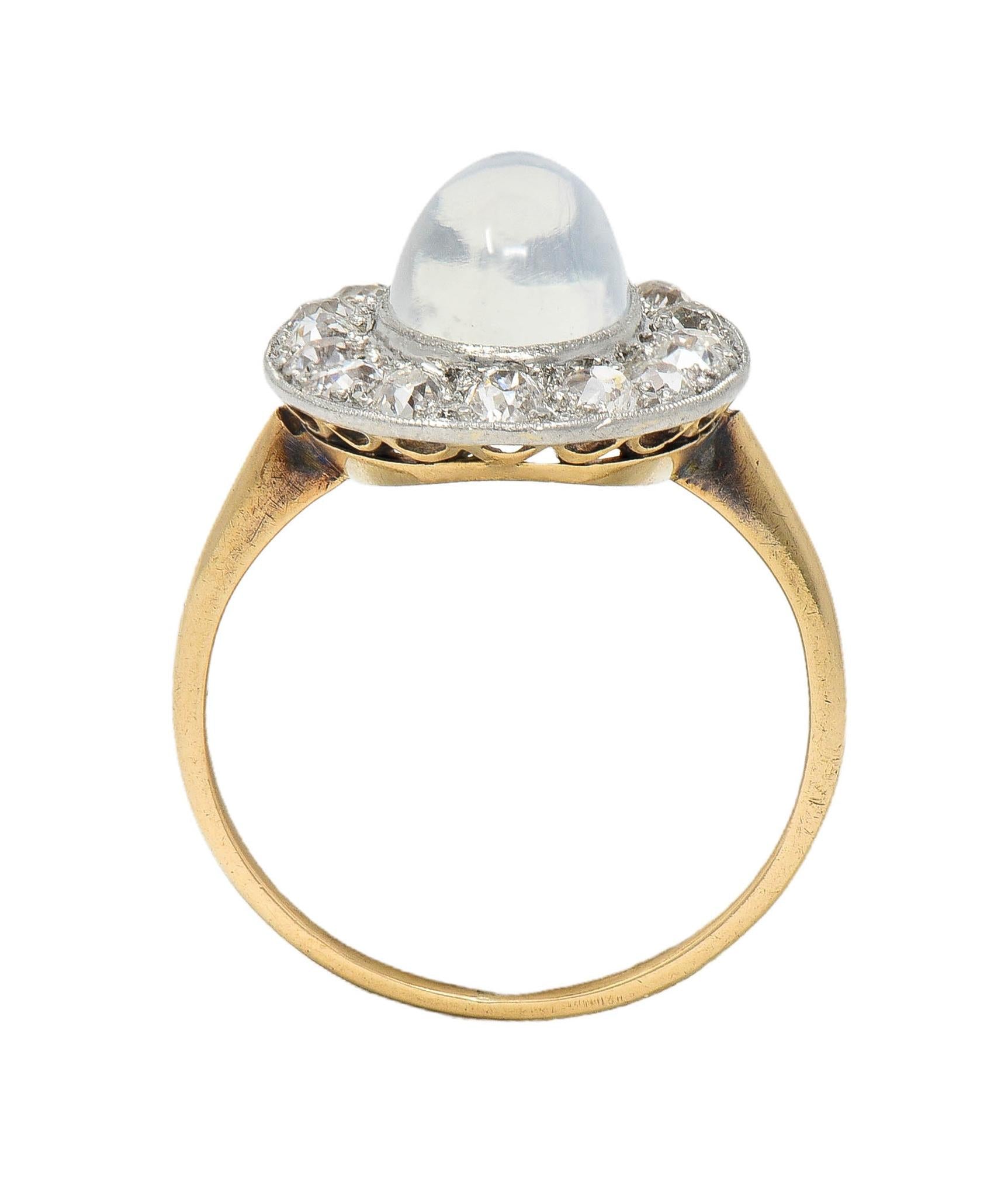 Edwardian 1.12 CTW Moonstone Diamond Platinum 14 Karat Gold Antique Halo Ring