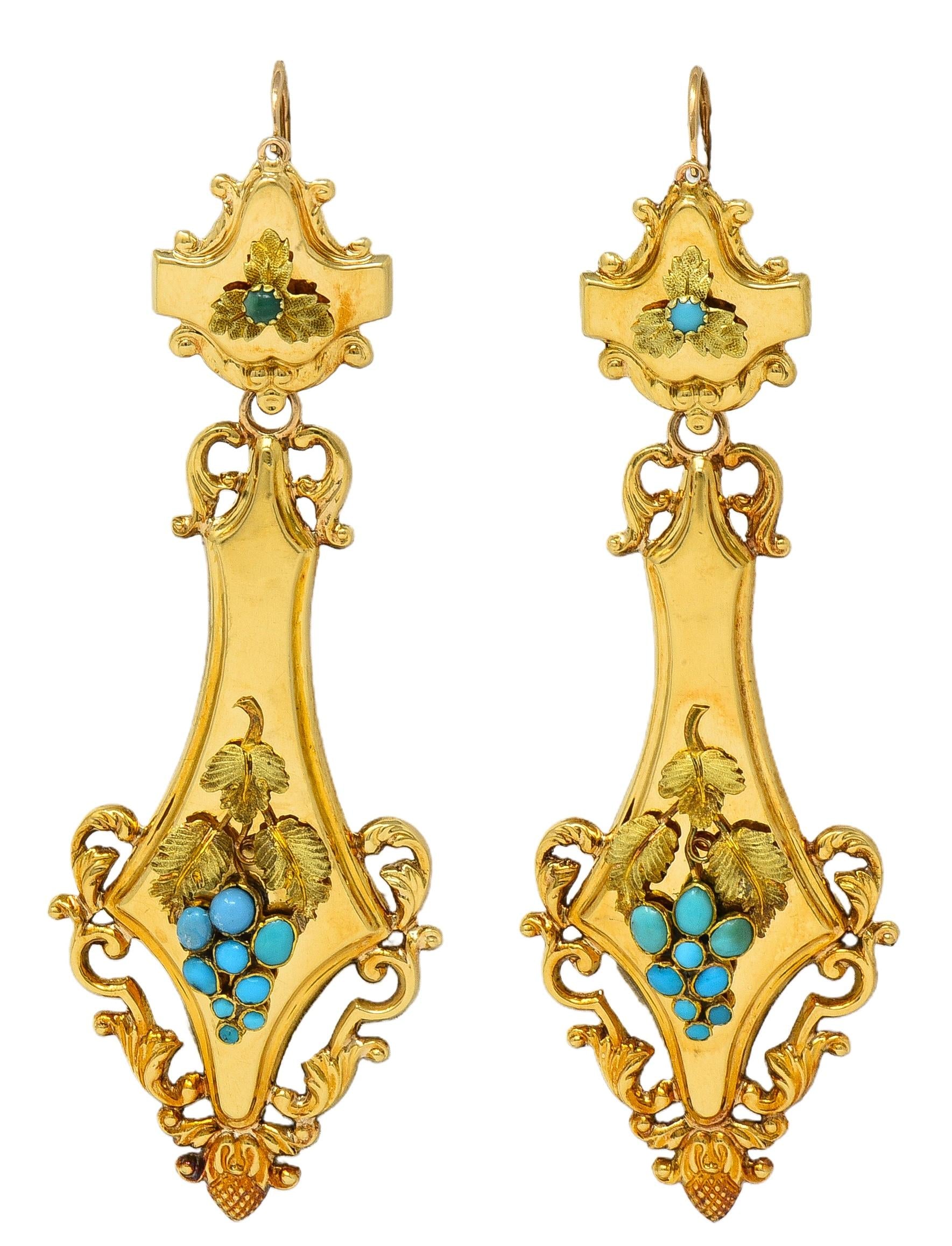 Victorian Neoclassical Revival Turquoise 18K Gold Antique Grape Drop Earrings
