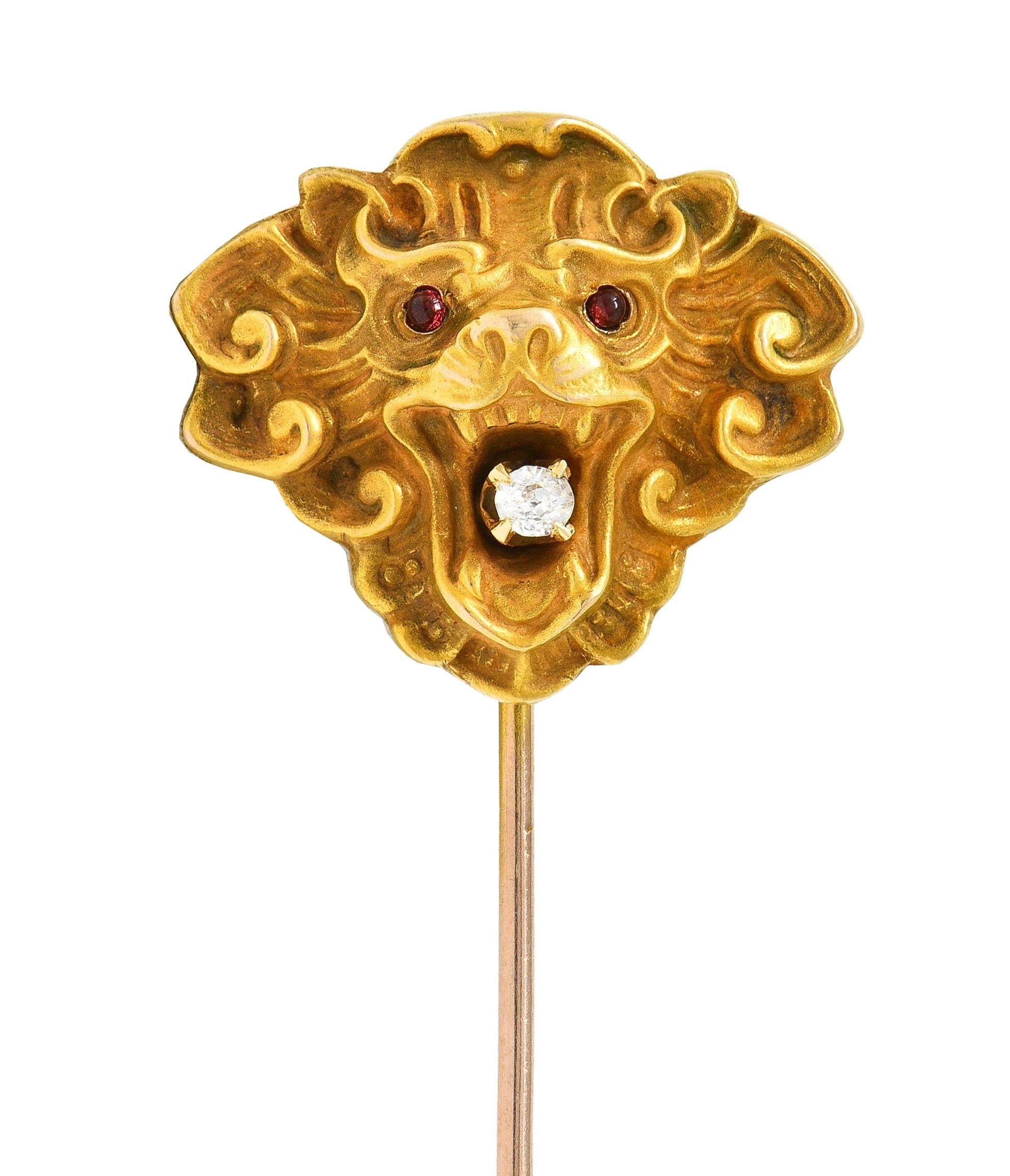 Art Nouveau Diamond Tourmaline 14 Karat Yellow Gold Antique Lion Stickpin