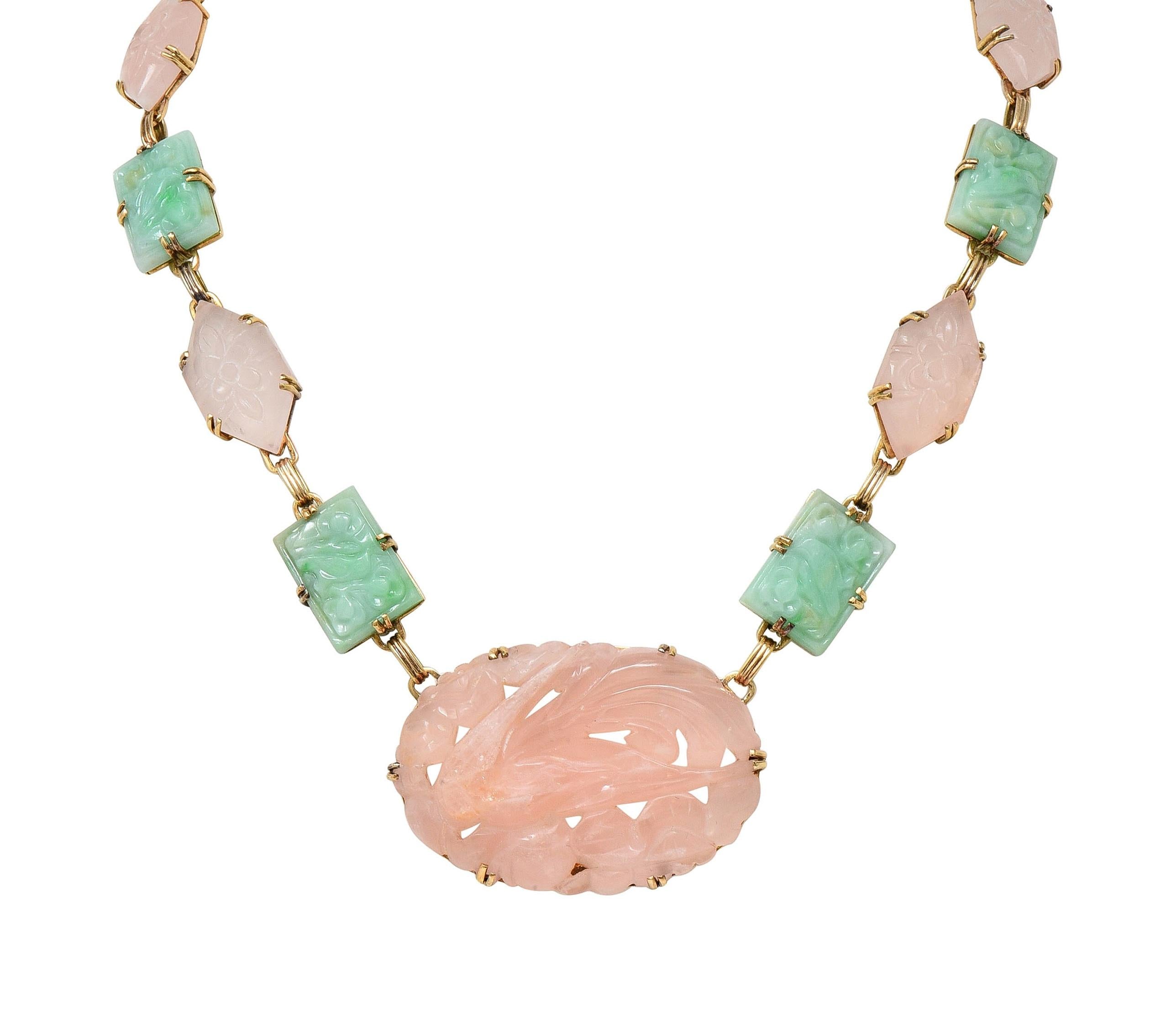 Early Art Deco Jade Rose Quartz 14 Karat Yellow Gold Antique Station Necklace