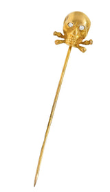 Victorian Diamond 14 Karat Yellow Gold Skull & Crossbones Antique Stickpin