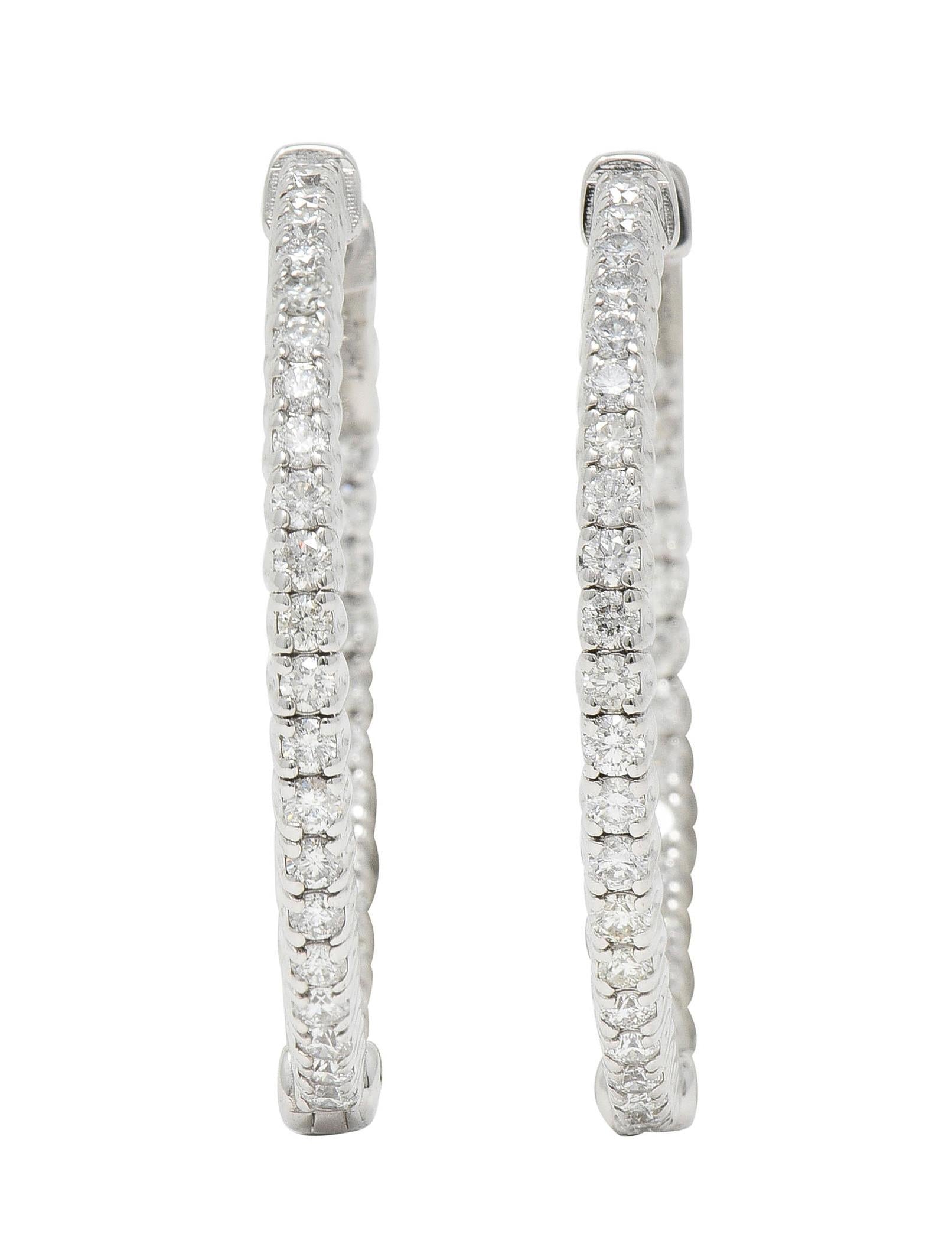 1.48 CTW Diamond 14 Karat White Gold Inside Outside 30 MM Hoop Earrings