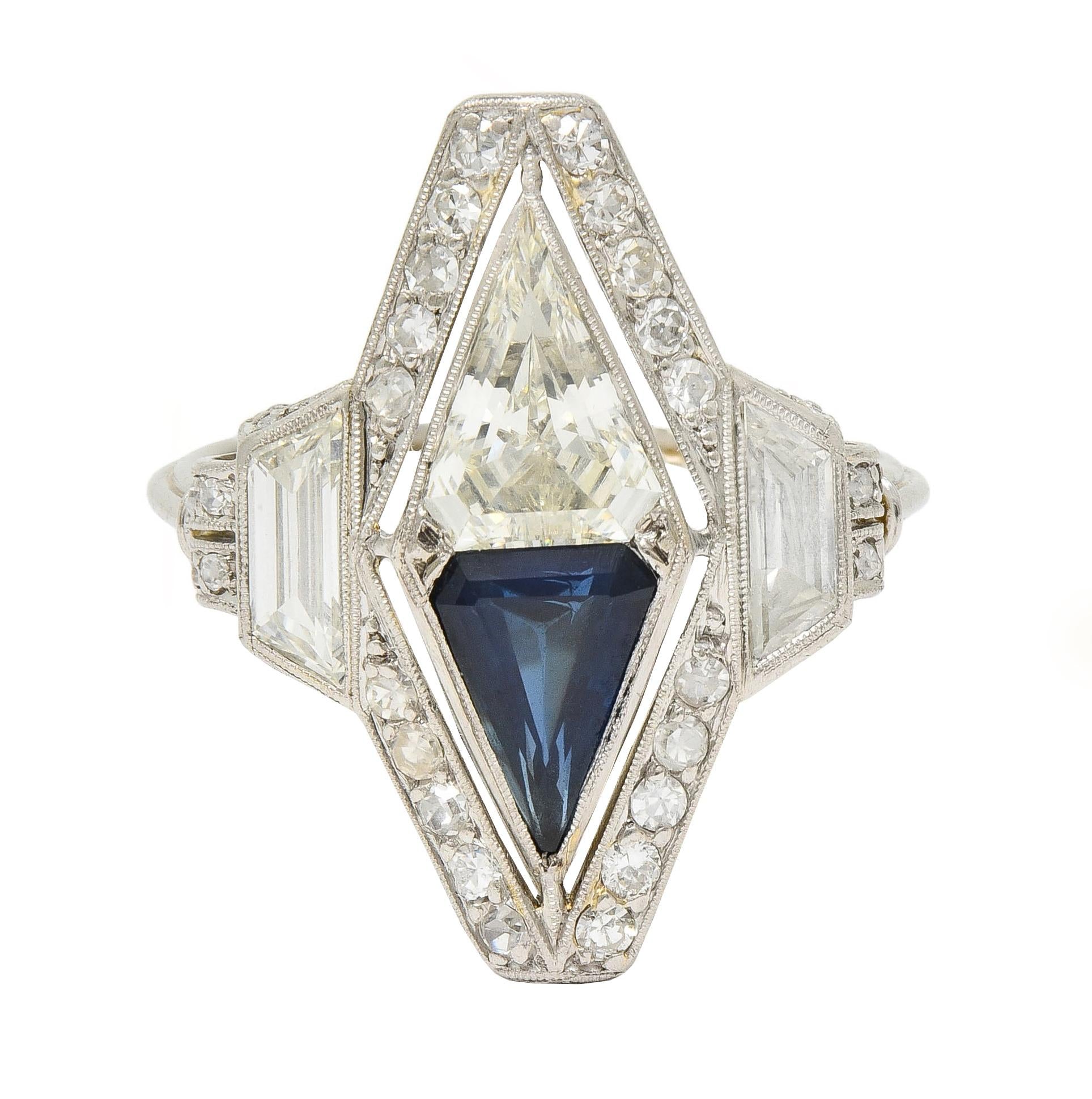 Art Deco Sapphire Diamond Platinum Antique Scrolling Navette Dinner Ring