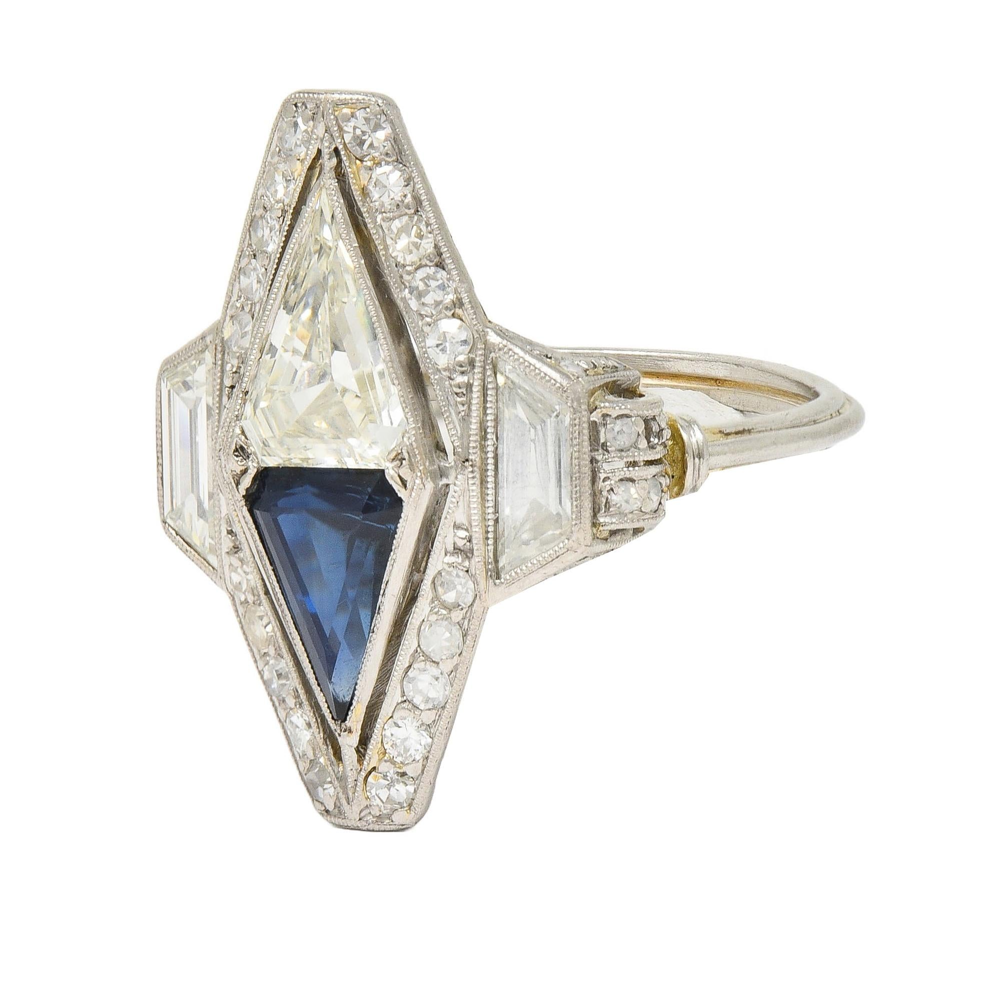 Art Deco Sapphire Diamond Platinum Antique Scrolling Navette Dinner Ring