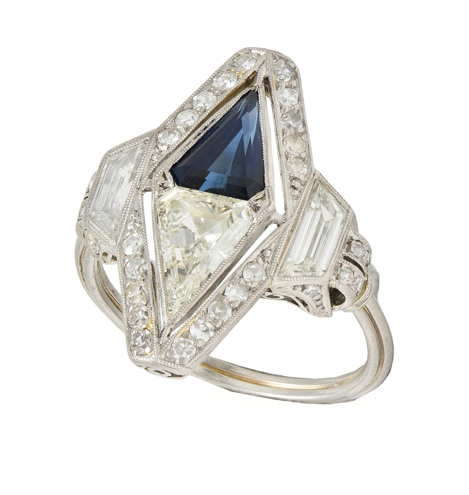 Art Deco Sapphire Diamond Platinum Antique Scrolling Navette Dinner Ring