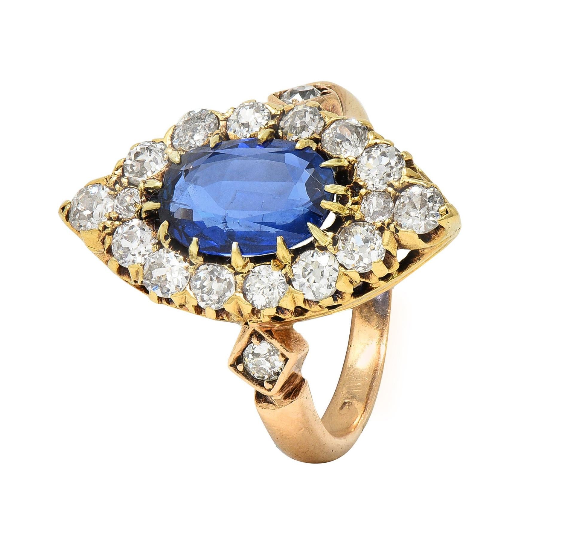 Victorian No Heat Burma Sapphire Diamond 14K Gold Antique Navette Cluster Ring