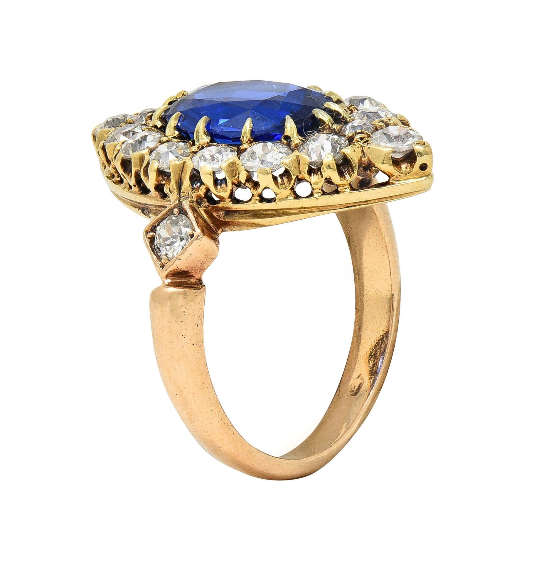 Victorian No Heat Burma Sapphire Diamond 14K Gold Antique Navette Cluster Ring