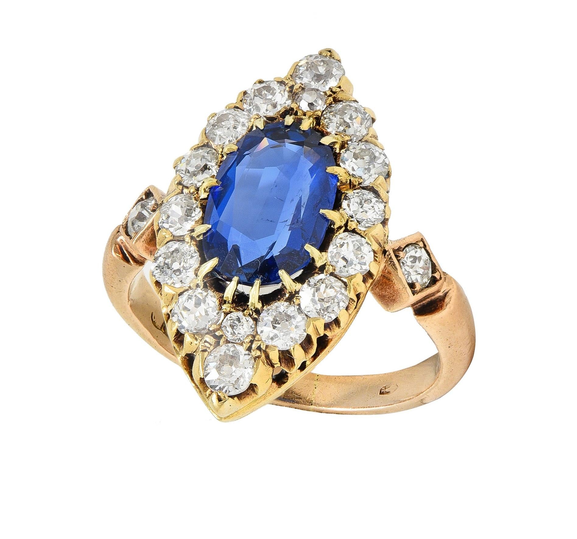 Victorian No Heat Burma Sapphire Diamond 14K Gold Antique Navette Cluster Ring