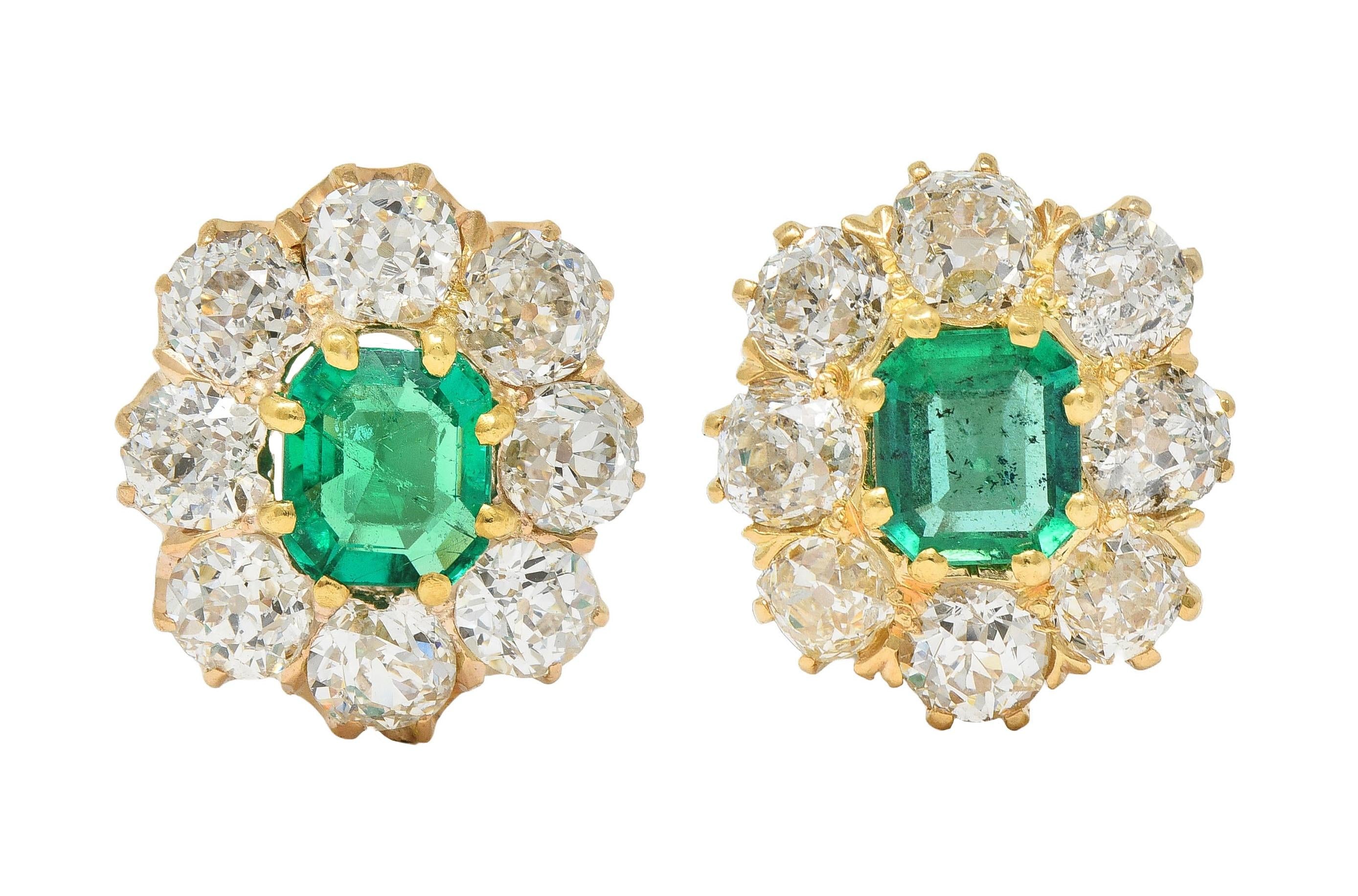 Victorian 4.14 CTW Emerald Old European Cut Diamond 18K Gold Antique Earrings