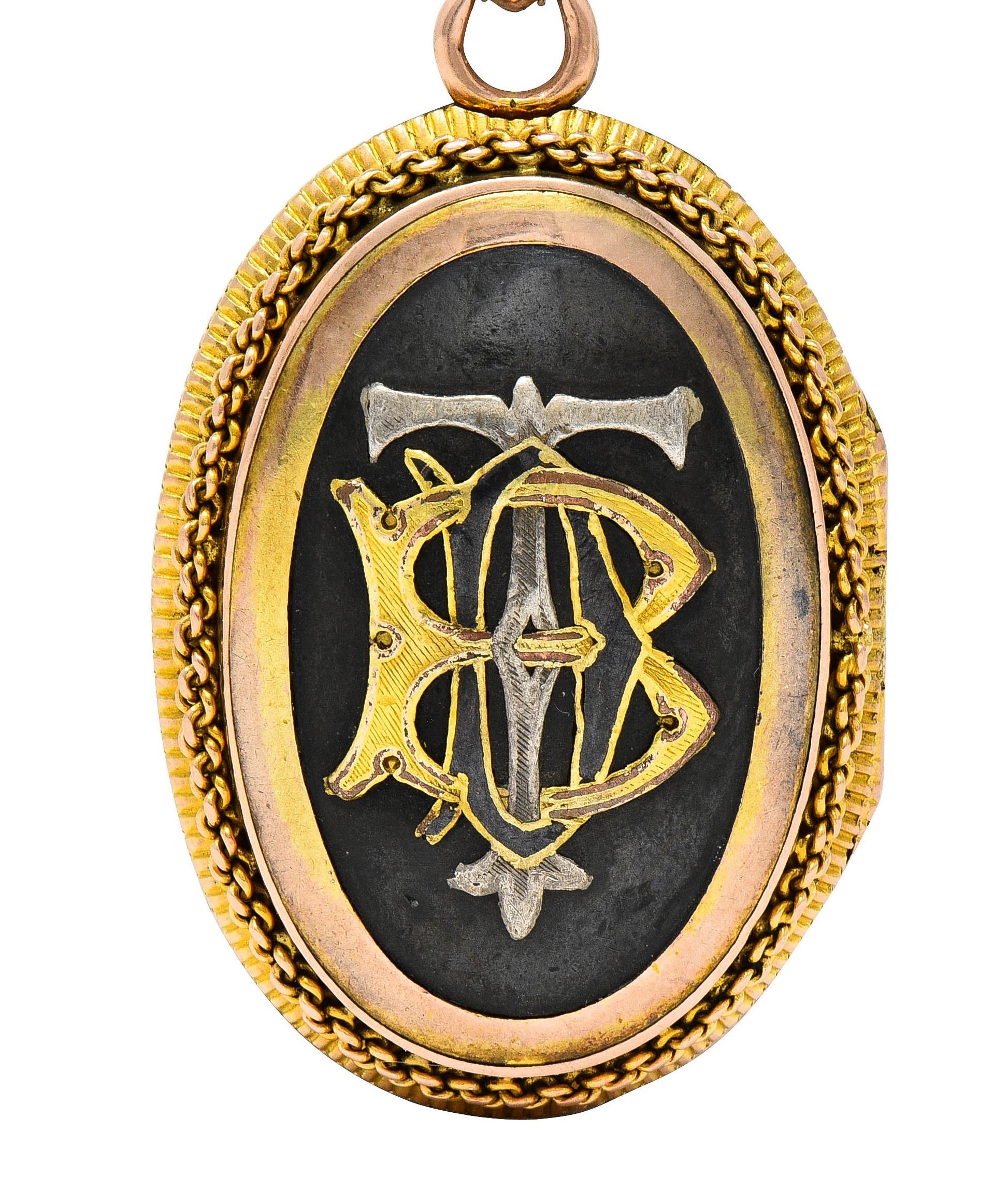 Victorian Shakudo 14 Karat Yellow Gold Antique Monogram Portrait Locket Pendant