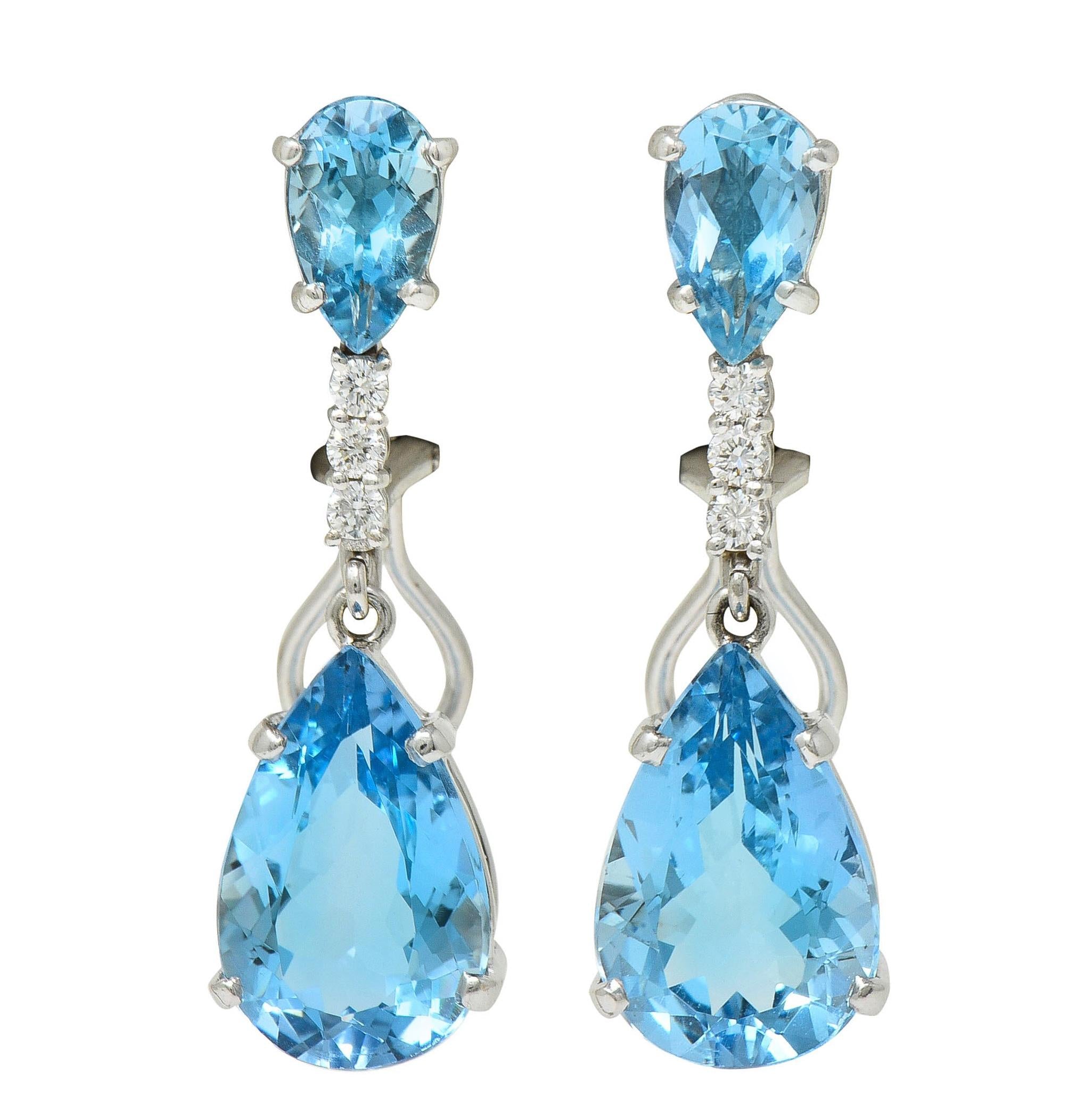 Contemporary 15.10 CTW Aquamarine Diamond 14 Karat White Gold Pear Drop Earrings