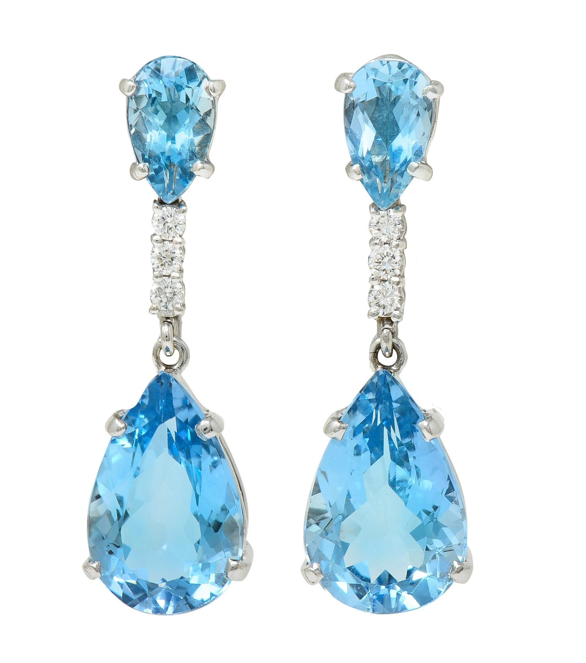 Contemporary 15.10 CTW Aquamarine Diamond 14 Karat White Gold Pear Drop Earrings