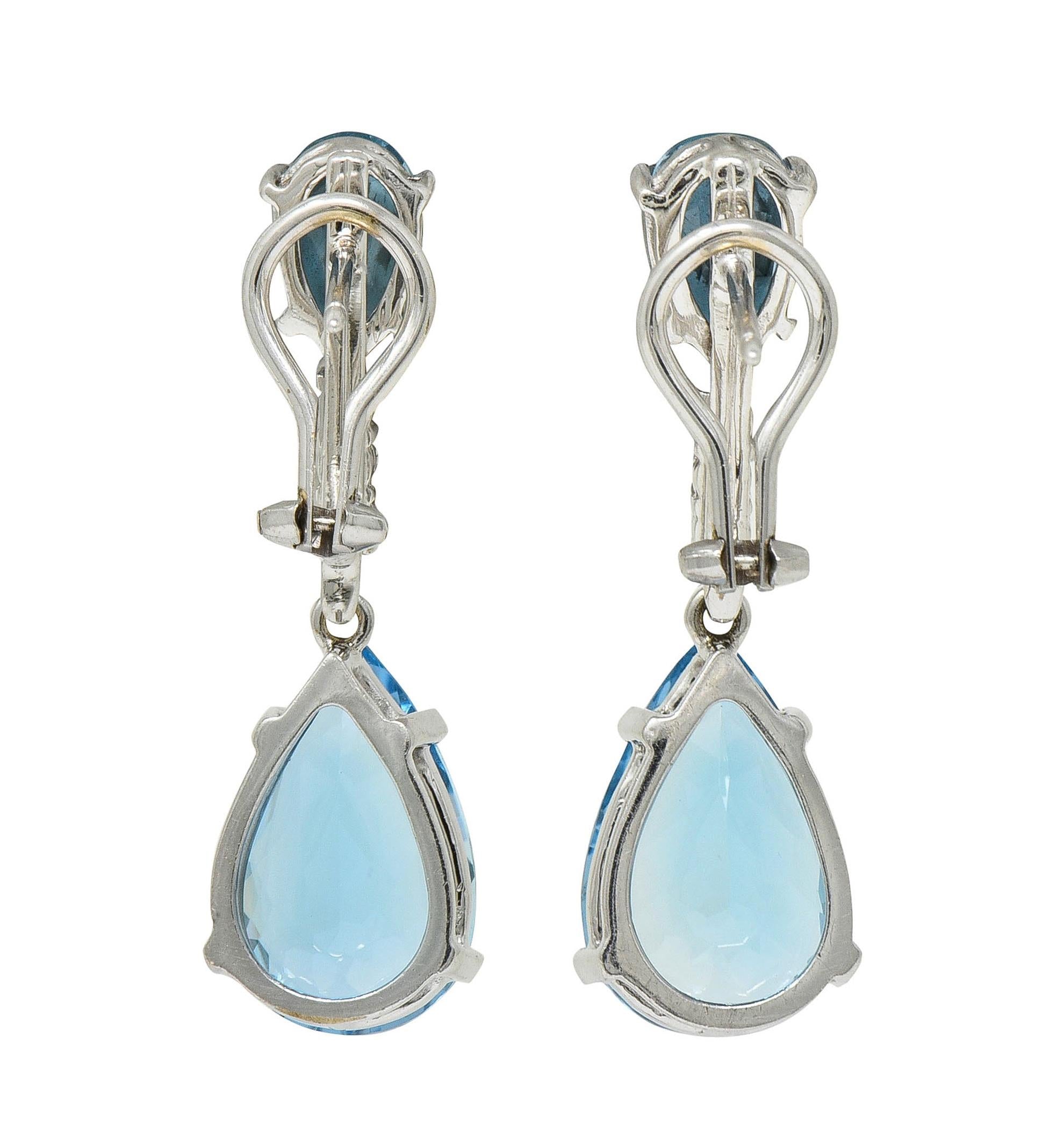 Contemporary 15.10 CTW Aquamarine Diamond 14 Karat White Gold Pear Drop Earrings