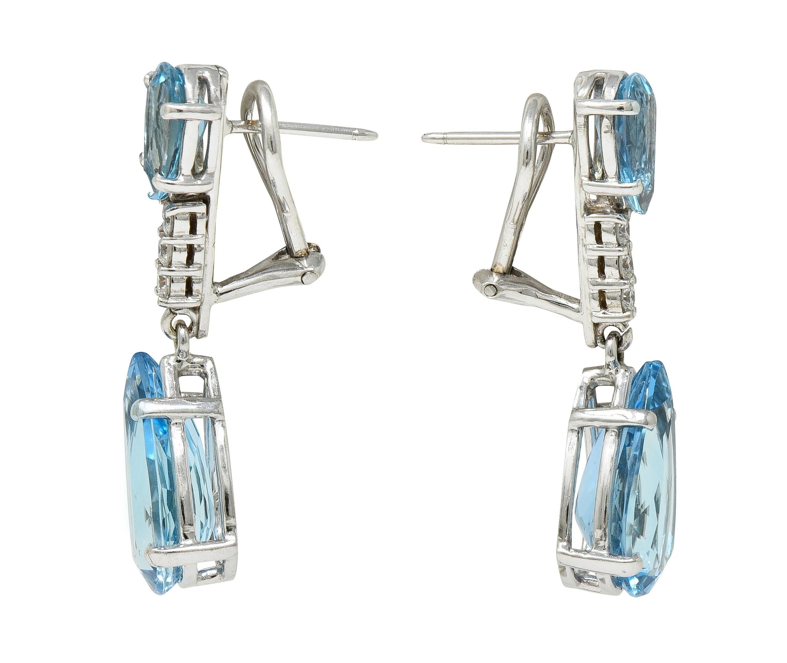 Contemporary 15.10 CTW Aquamarine Diamond 14 Karat White Gold Pear Drop Earrings