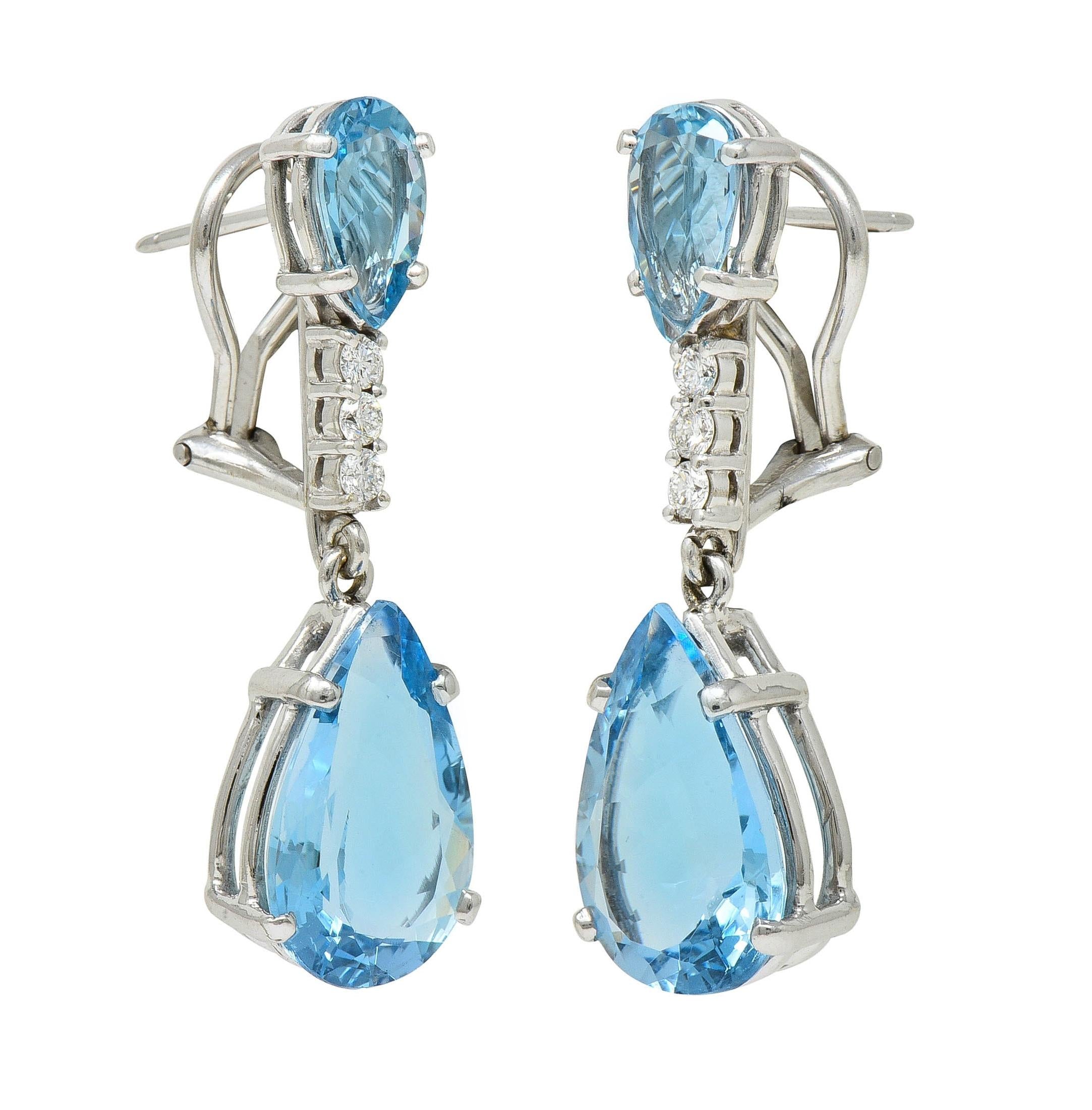 Contemporary 15.10 CTW Aquamarine Diamond 14 Karat White Gold Pear Drop Earrings