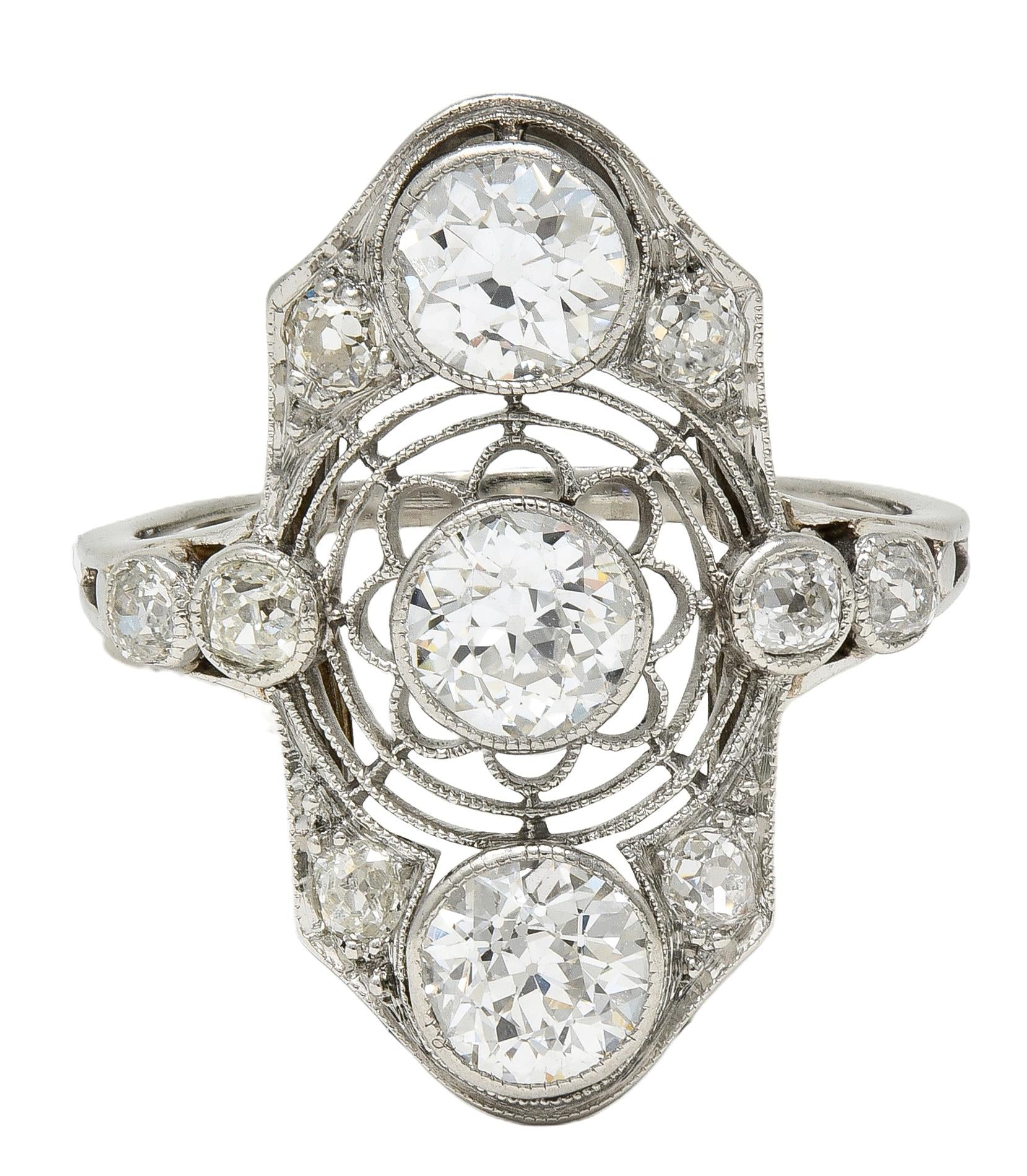 Art Deco 2.50 CTW European Diamond Platinum Vintage Floral Navette  Dinner Ring