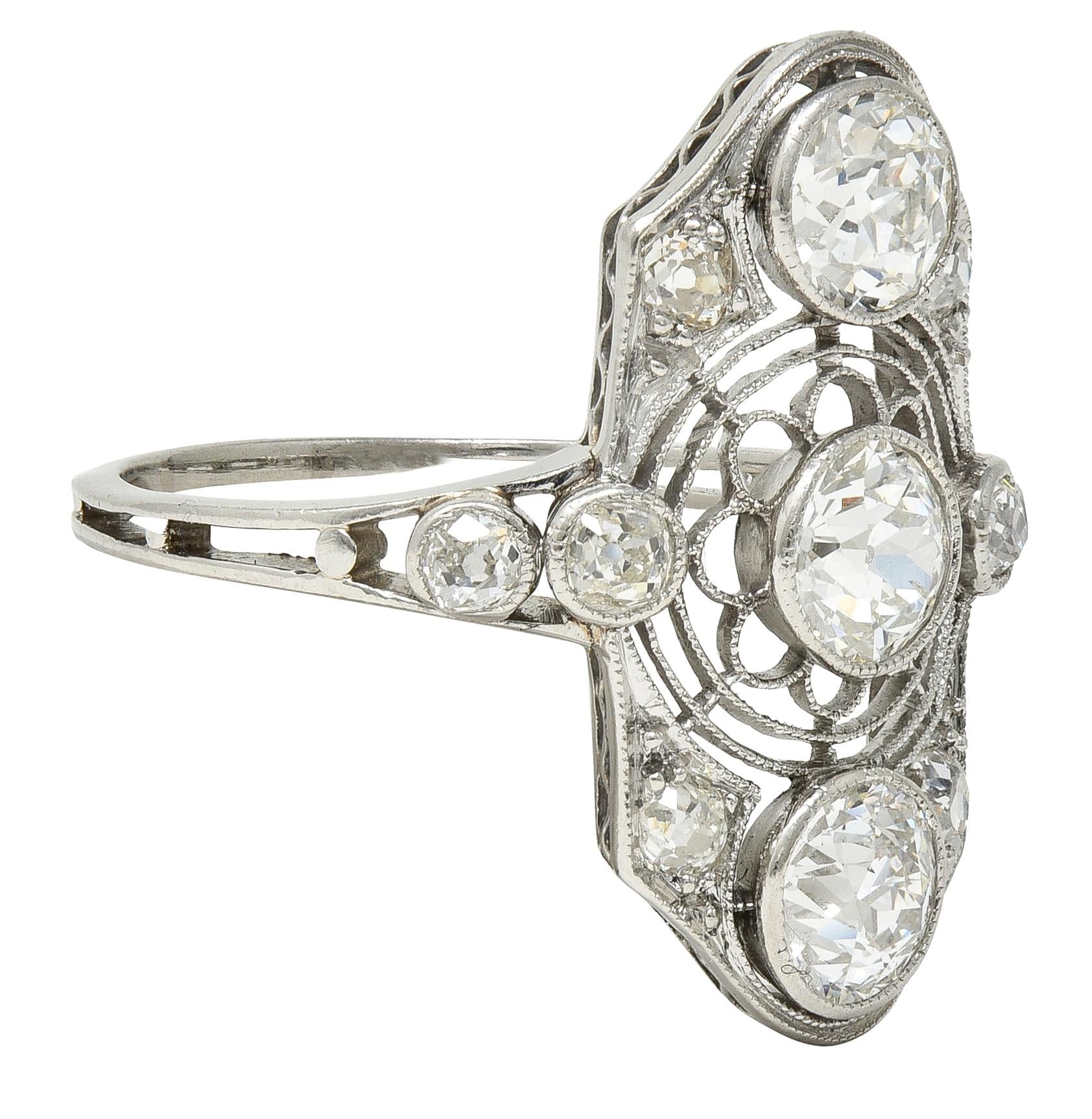 Art Deco 2.50 CTW European Diamond Platinum Vintage Floral Navette  Dinner Ring