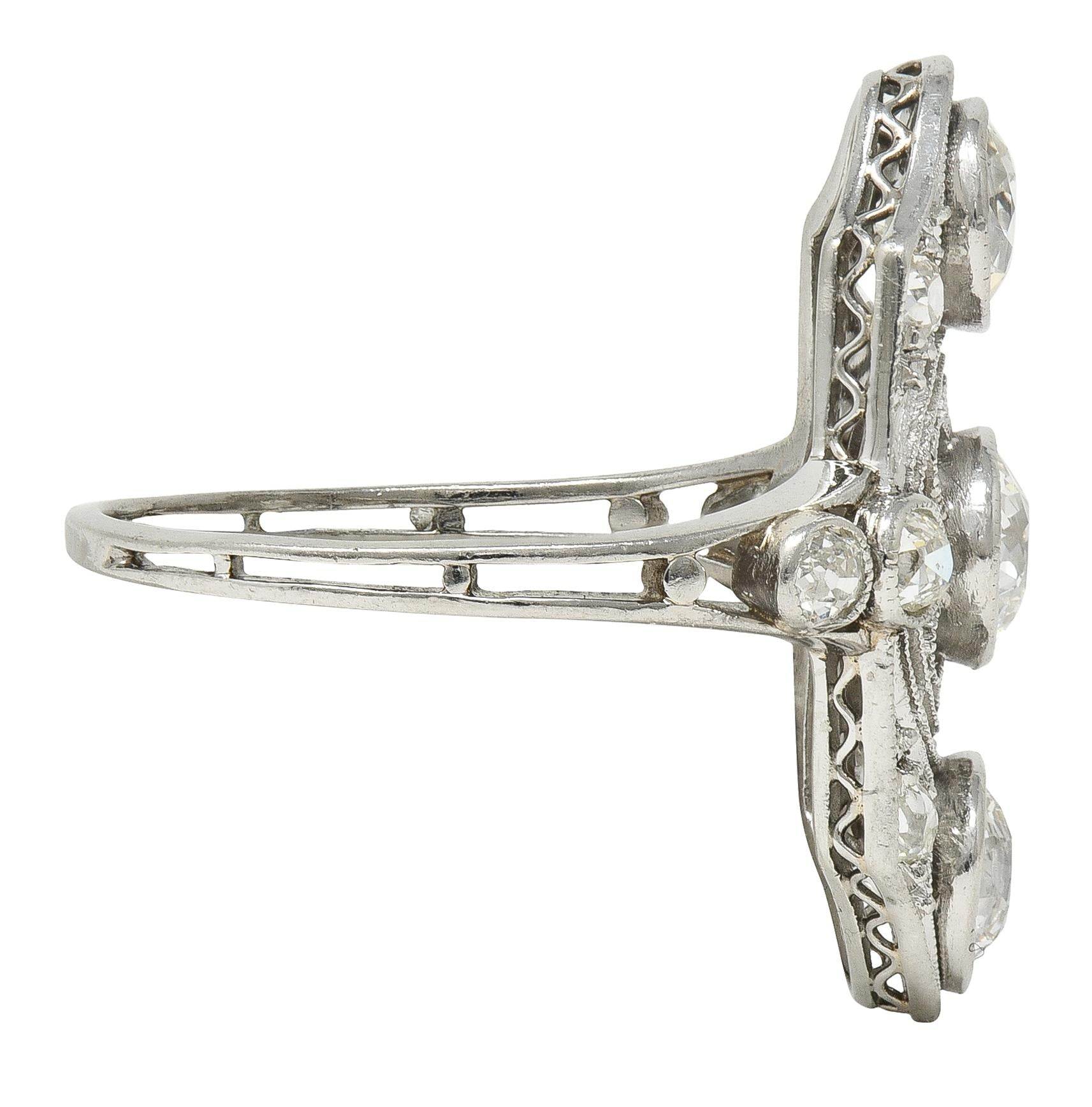 Art Deco 2.50 CTW European Diamond Platinum Vintage Floral Navette  Dinner Ring