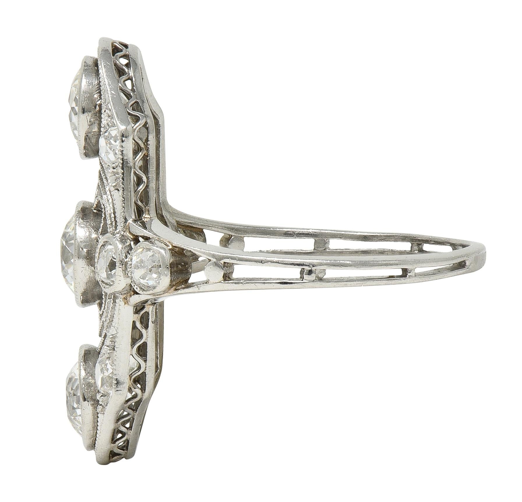 Art Deco 2.50 CTW European Diamond Platinum Vintage Floral Navette  Dinner Ring
