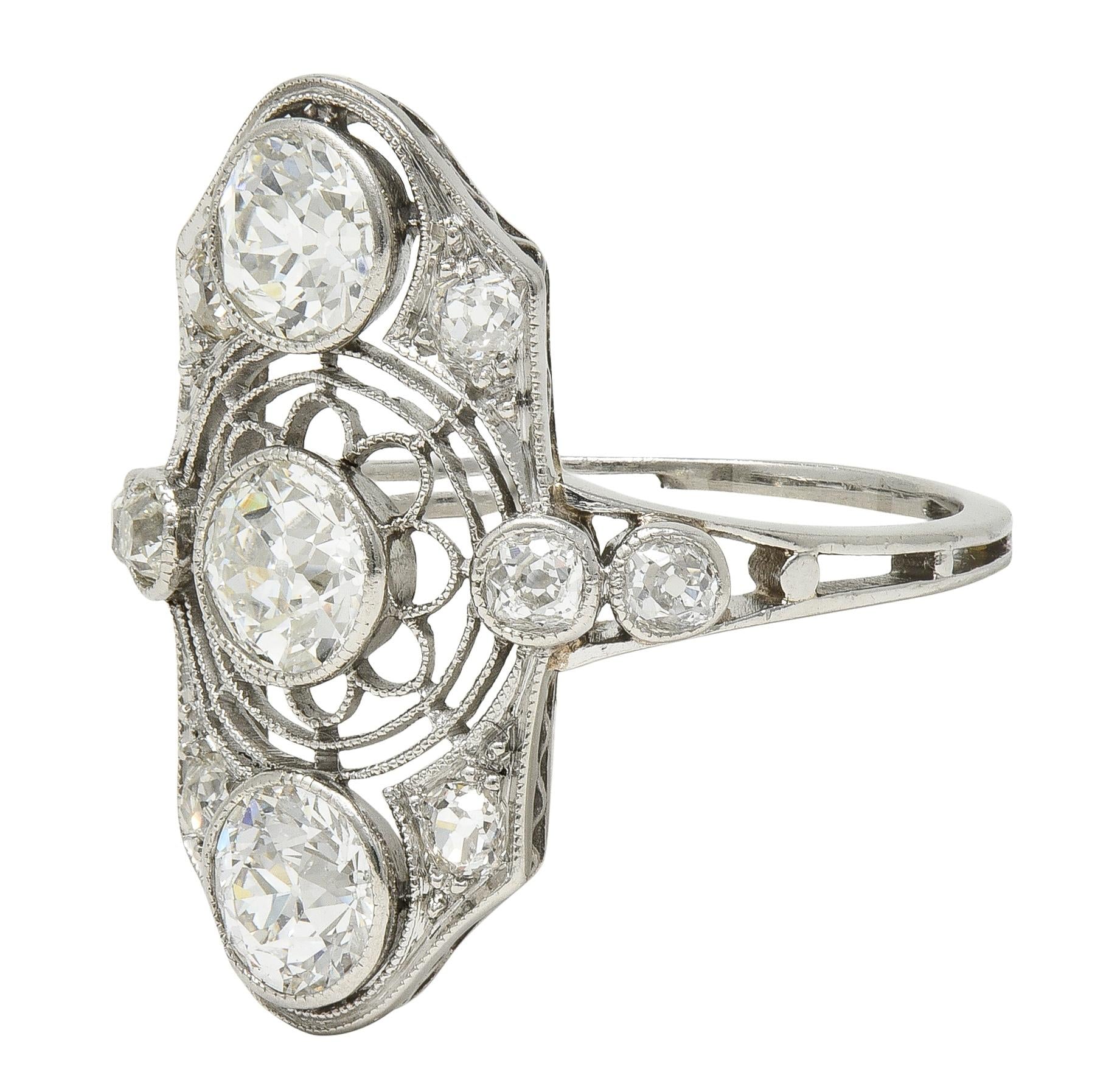 Art Deco 2.50 CTW European Diamond Platinum Vintage Floral Navette  Dinner Ring