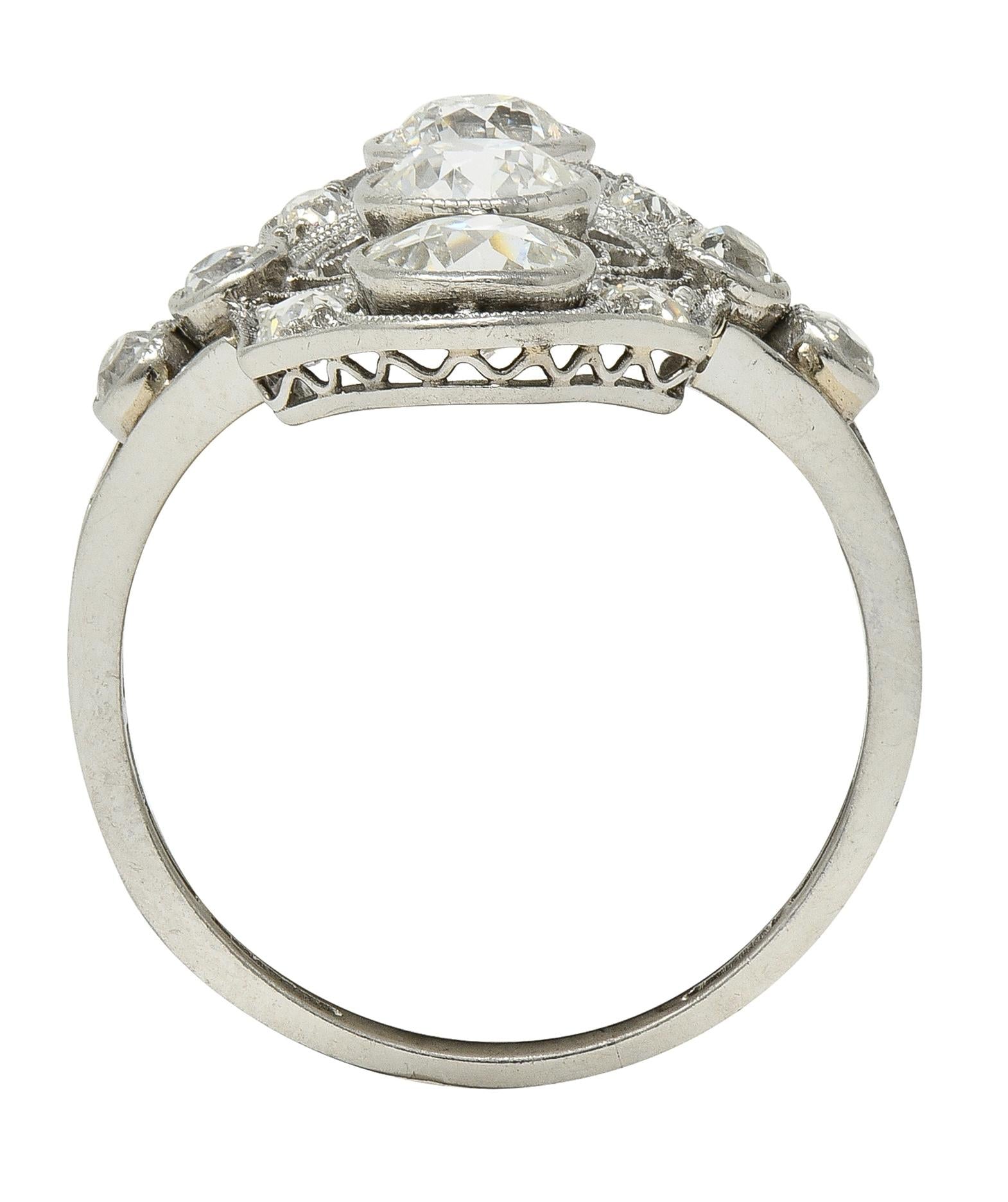 Art Deco 2.50 CTW European Diamond Platinum Vintage Floral Navette  Dinner Ring