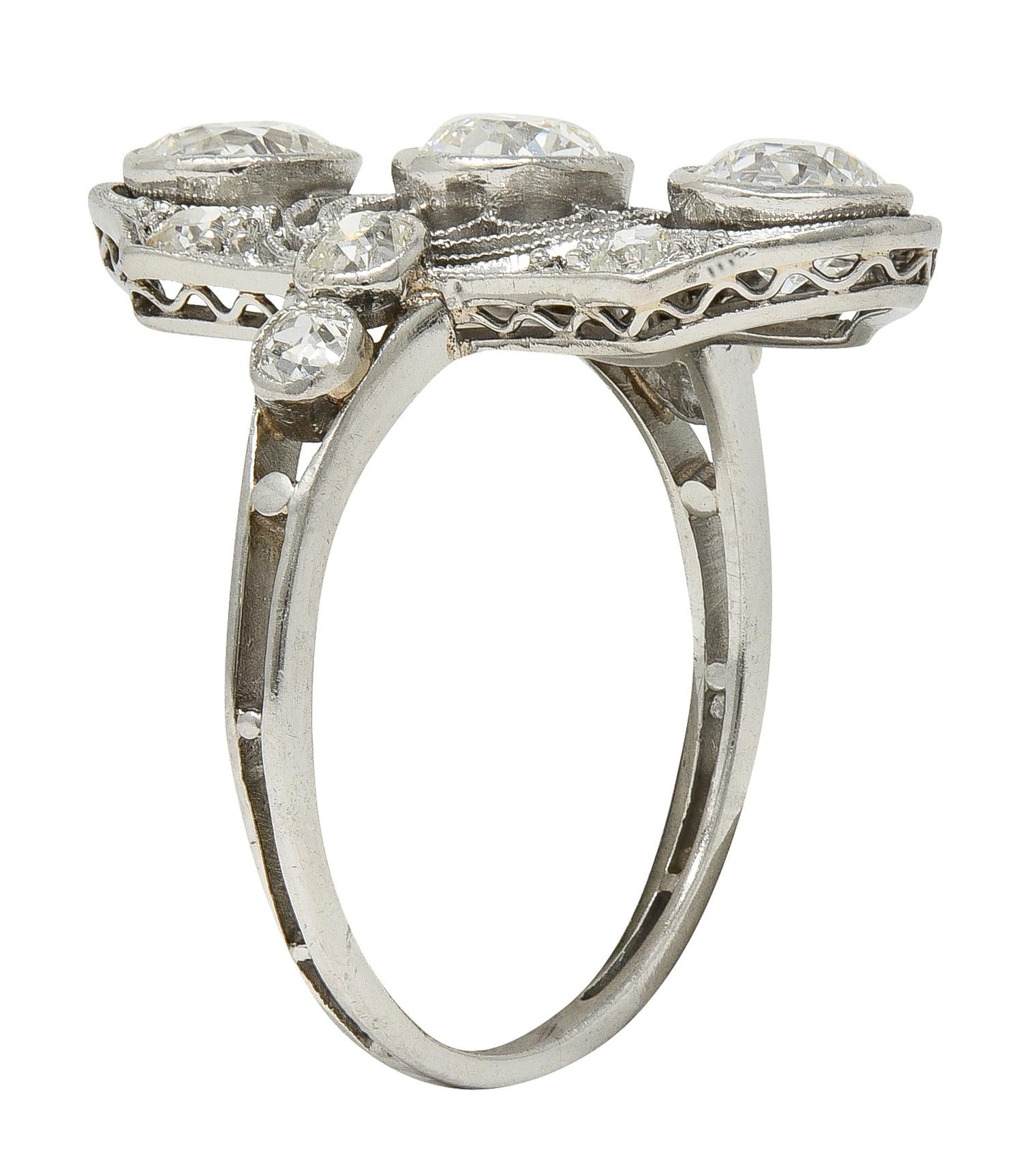 Art Deco 2.50 CTW European Diamond Platinum Vintage Floral Navette  Dinner Ring