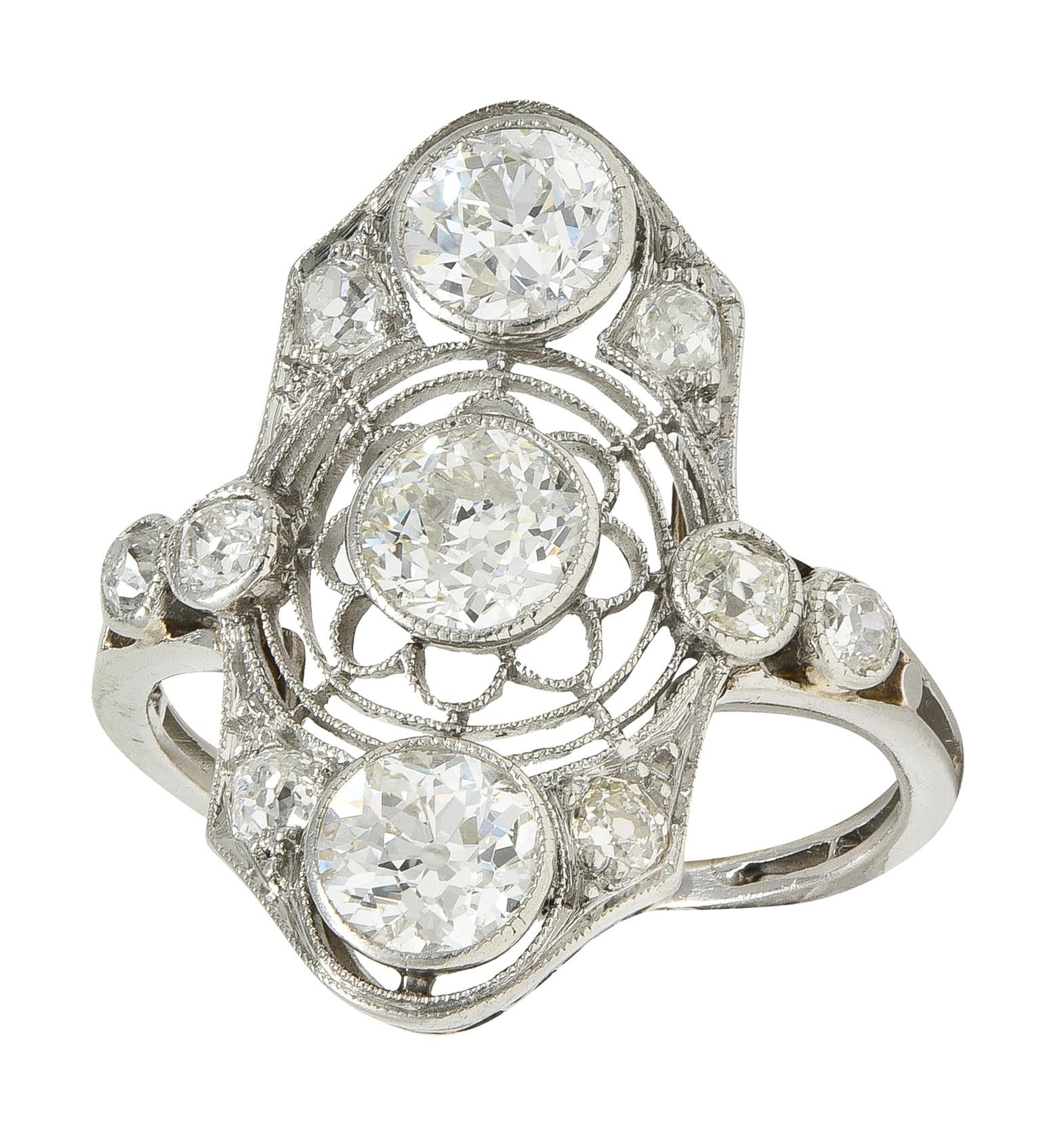 Art Deco 2.50 CTW European Diamond Platinum Vintage Floral Navette  Dinner Ring