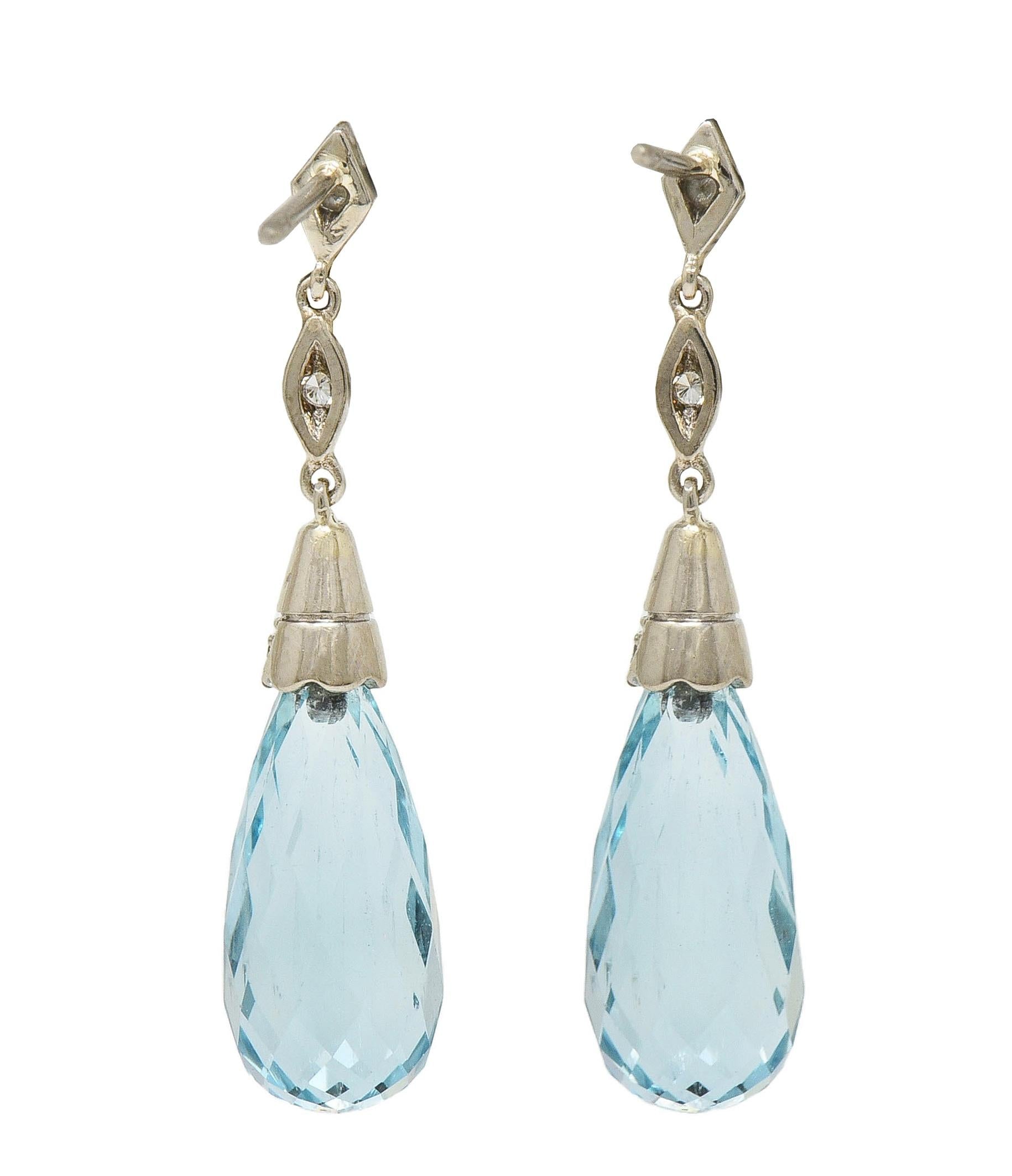 8.90 CTW Aquamarine Diamond 18K Gold Vintage Briolette Drop Earrings