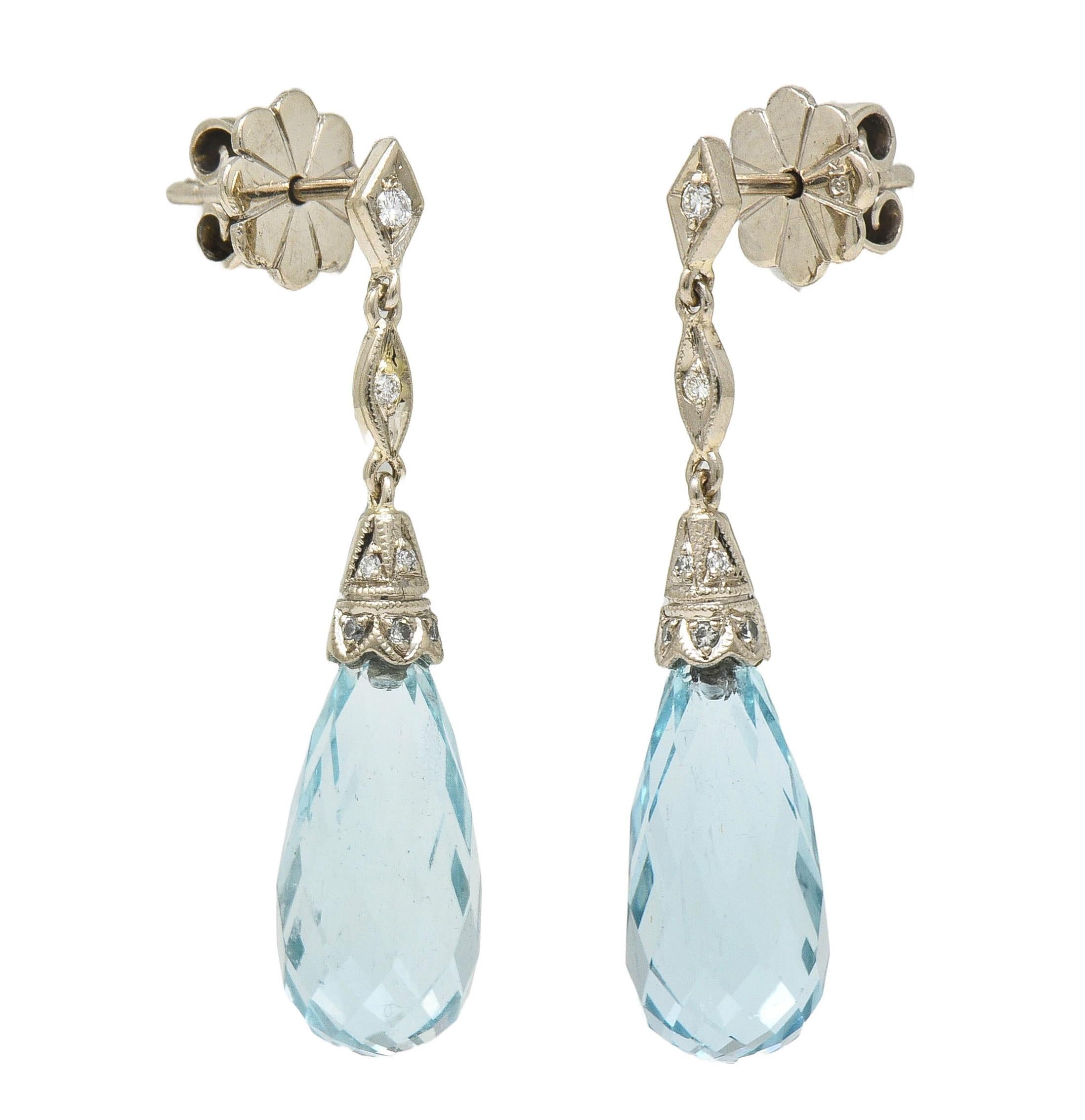 8.90 CTW Aquamarine Diamond 18K Gold Vintage Briolette Drop Earrings