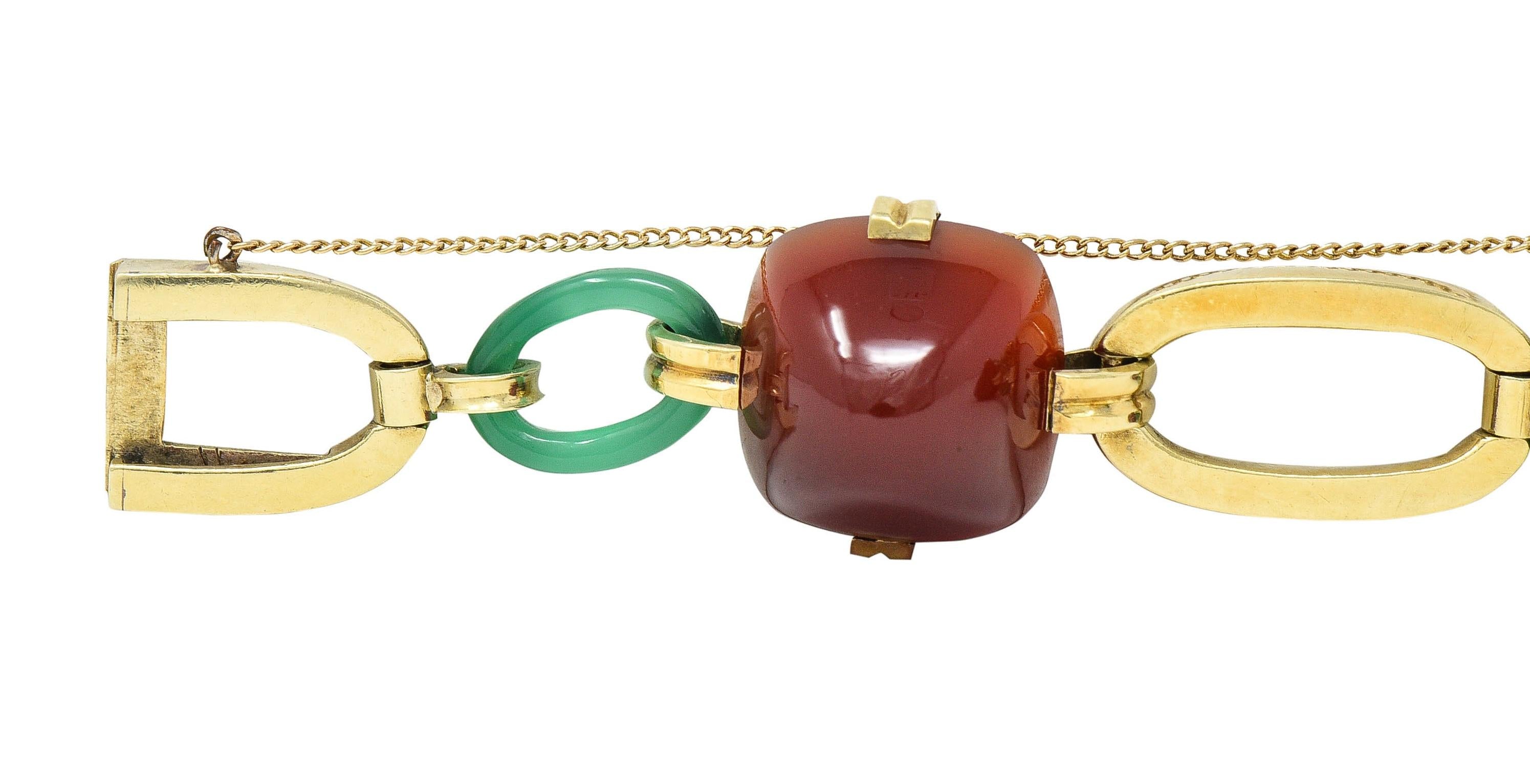 Carrington Co Art Deco Carnelian Chrysoprase 14 Karat Gold Antique Link Bracelet