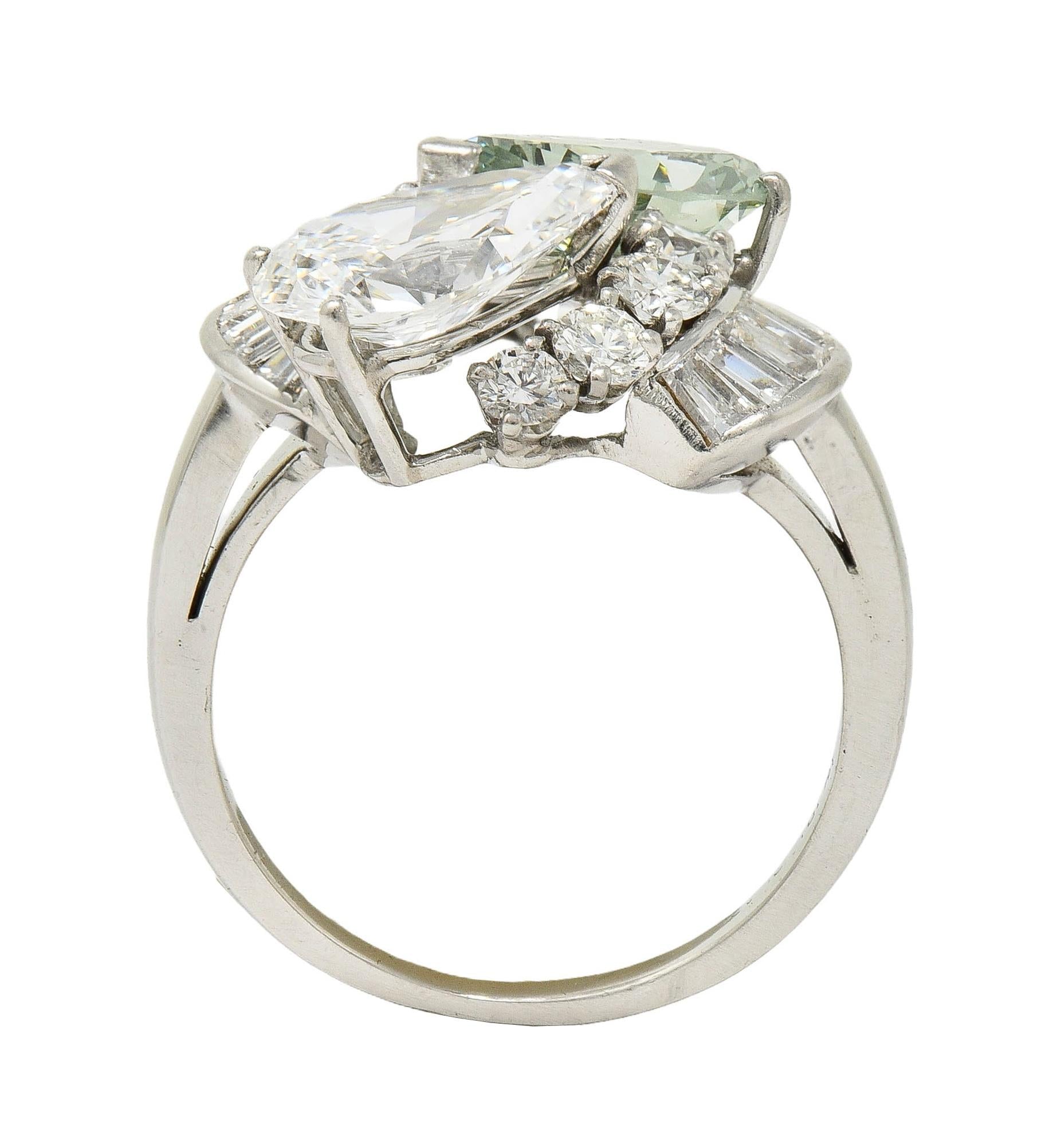 Mid-Century 5.13 CTW Fancy Green Diamond Platinum Toi-Et-Moi Bypass Vintage Ring