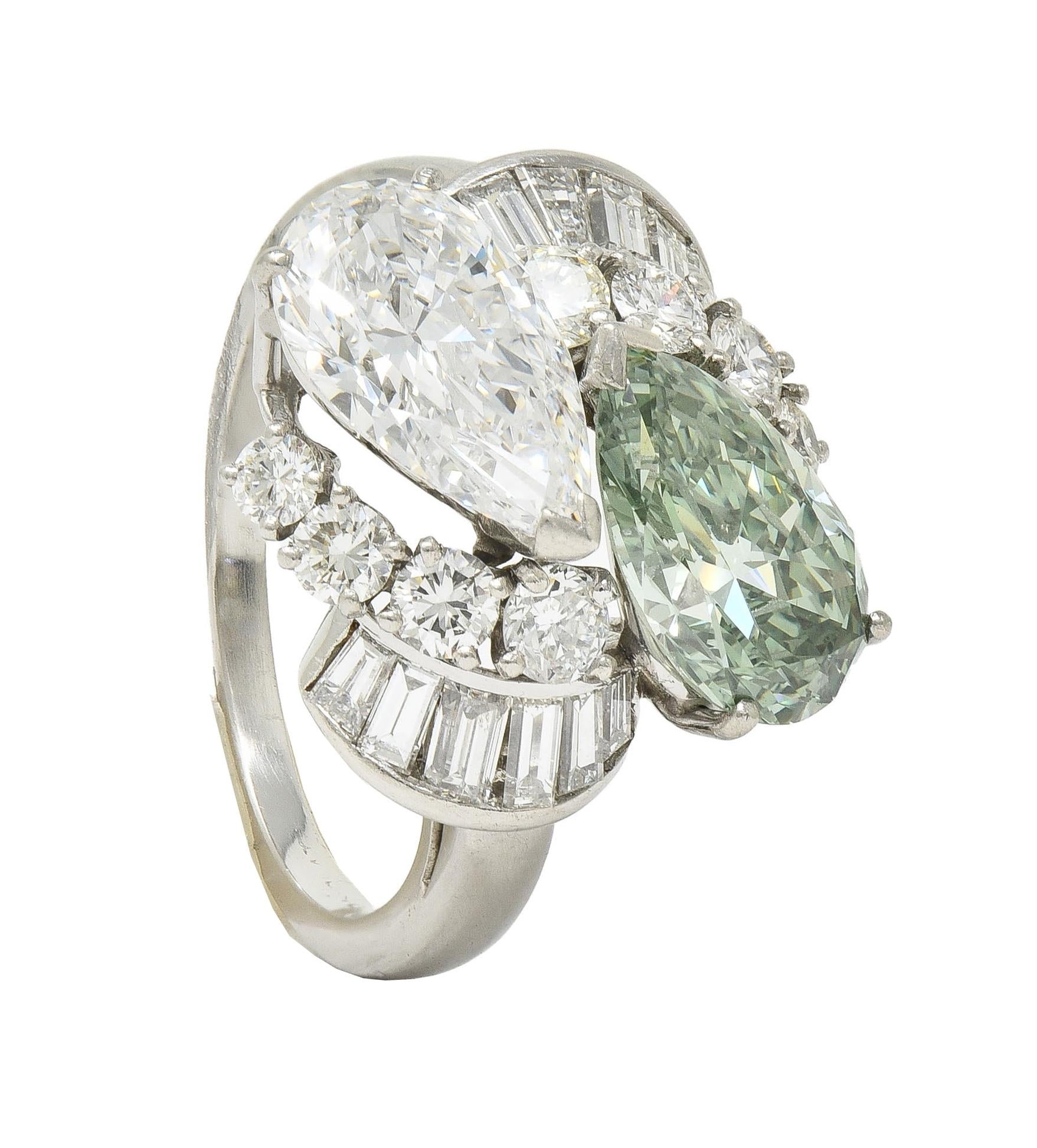 Mid-Century 5.13 CTW Fancy Green Diamond Platinum Toi-Et-Moi Bypass Vintage Ring