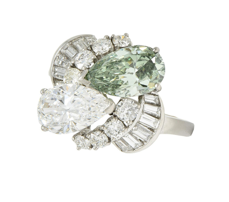 Mid-Century 5.13 CTW Fancy Green Diamond Platinum Toi-Et-Moi Bypass Vintage Ring