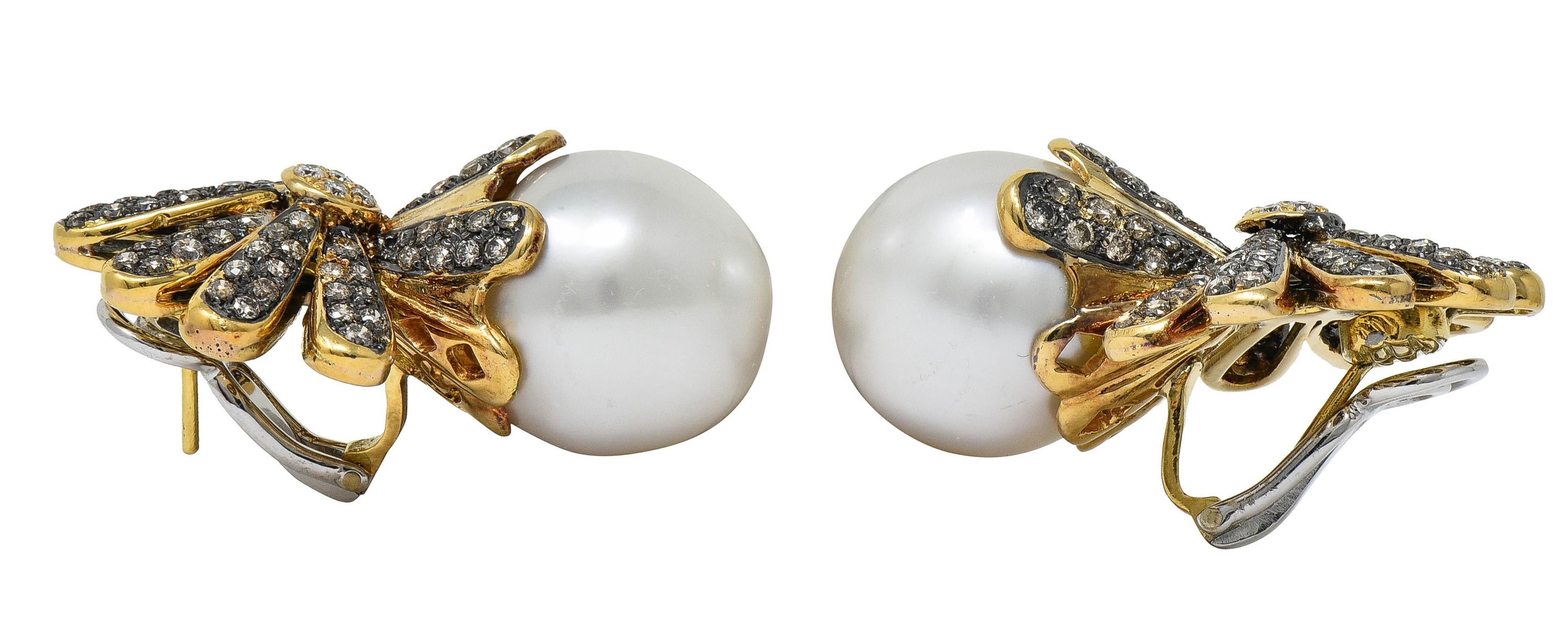 1990's Diamond South Sea Pearl 18K Gold Vintage Fanning Floral Earrings