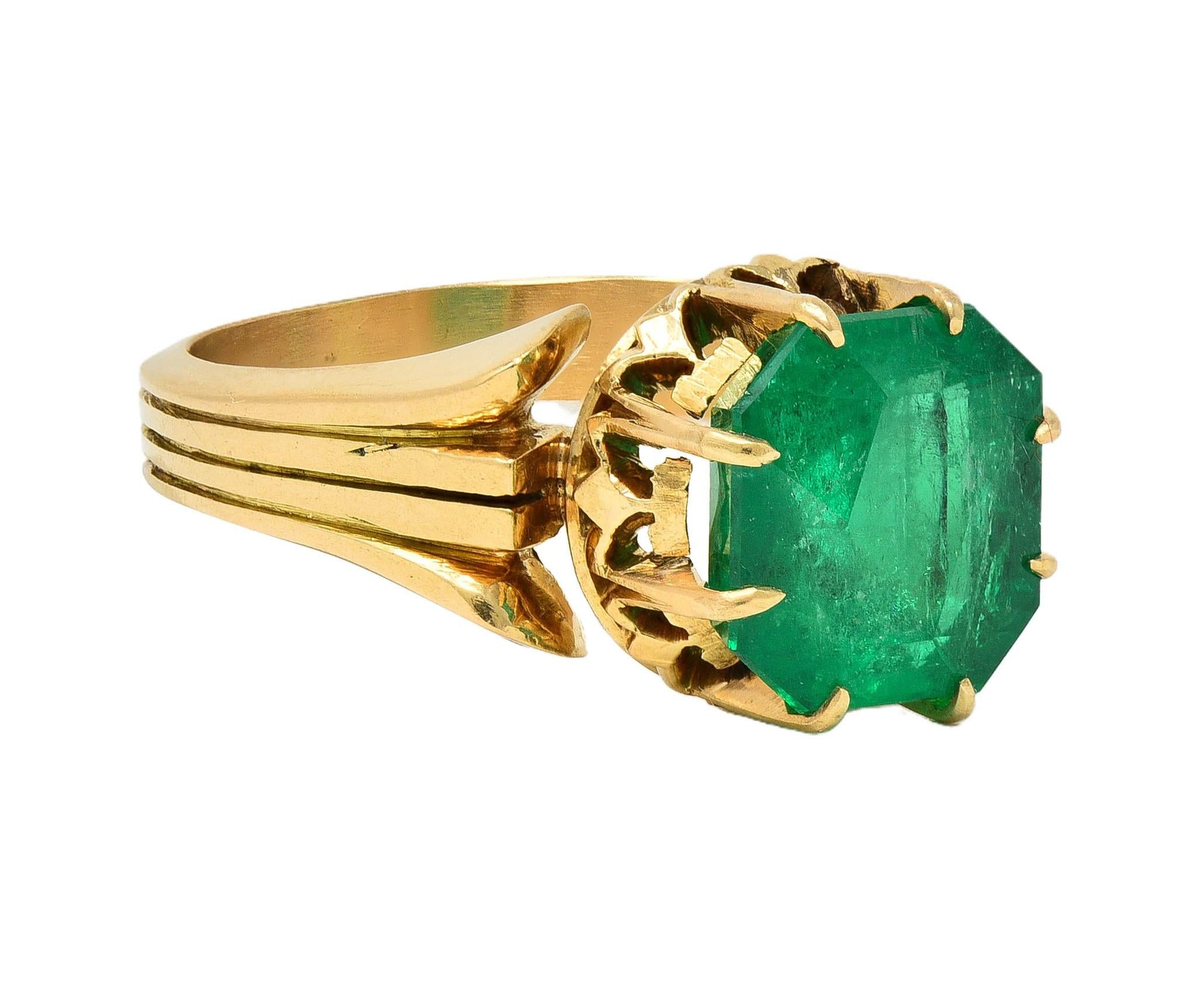 Victorian 3.60 CTW Colombian Emerald 14K Yellow Gold Antique Solitaire Ring GIA